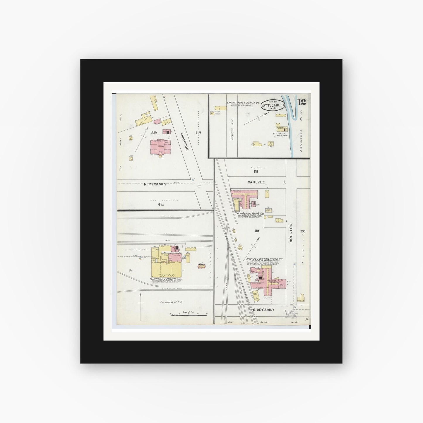 Old map wall art mockup — black gallery frame with white mat — Sanborn Fire Insurance Map from Battle Creek, Calhoun County, Michigan (1892), Sheet #0012
