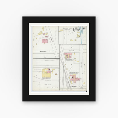 Old map wall art mockup — black gallery frame with white mat — Sanborn Fire Insurance Map from Battle Creek, Calhoun County, Michigan (1892), Sheet #0012