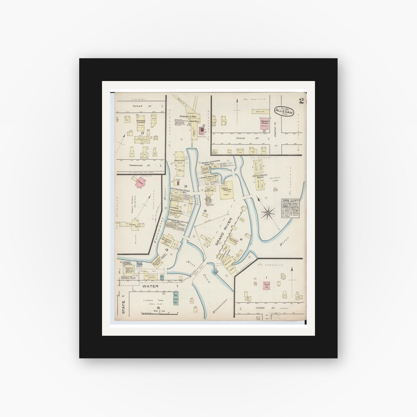 Old map wall art mockup — black gallery frame with white mat — Sanborn Fire Insurance Map from Allegan, Allegan County, Michigan (1884), Sheet #0002