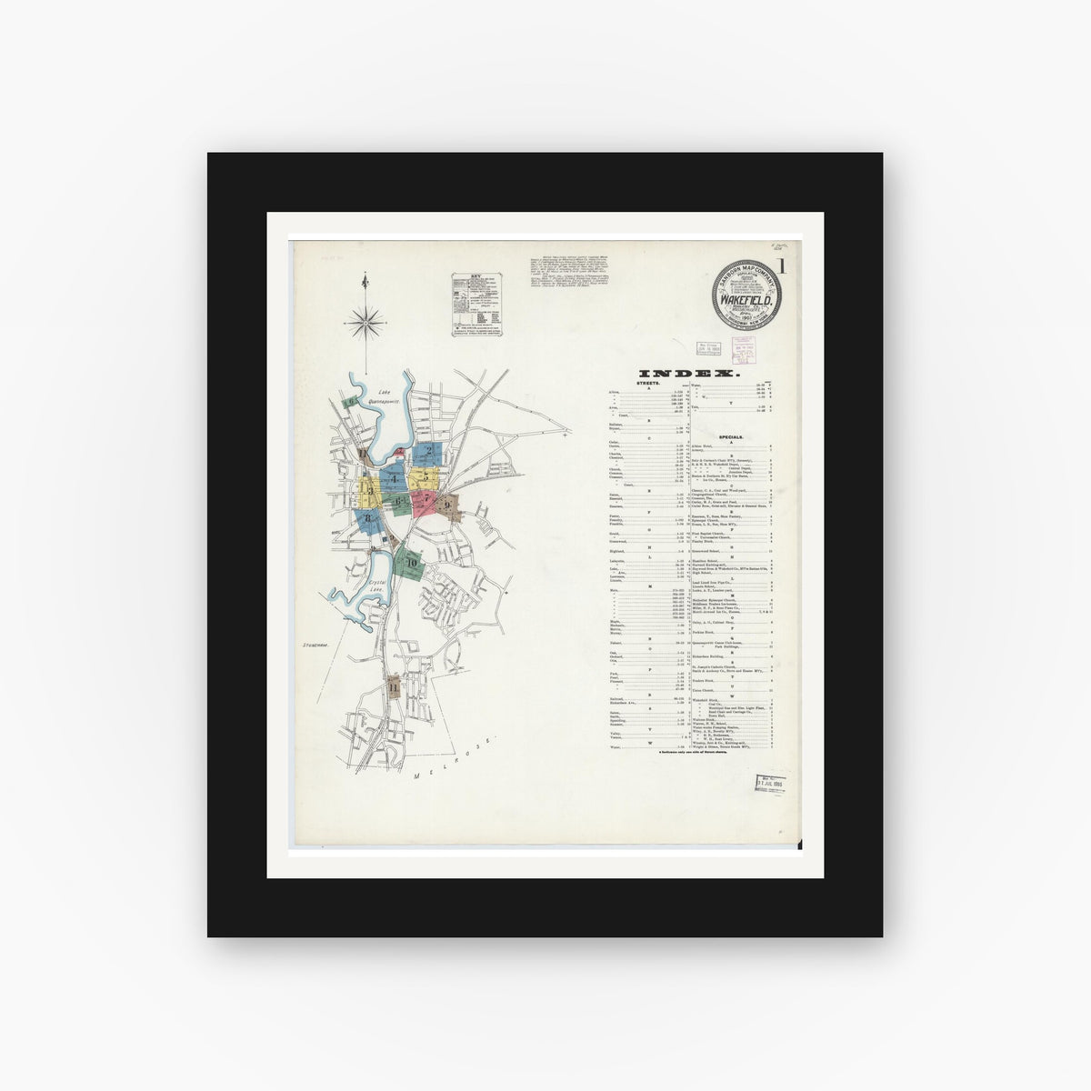 Old map wall art mockup — black gallery frame with white mat — Sanborn Fire Insurance Map from Wakefield, Middlesex County, Massachusetts (1903) - Complete Map Set