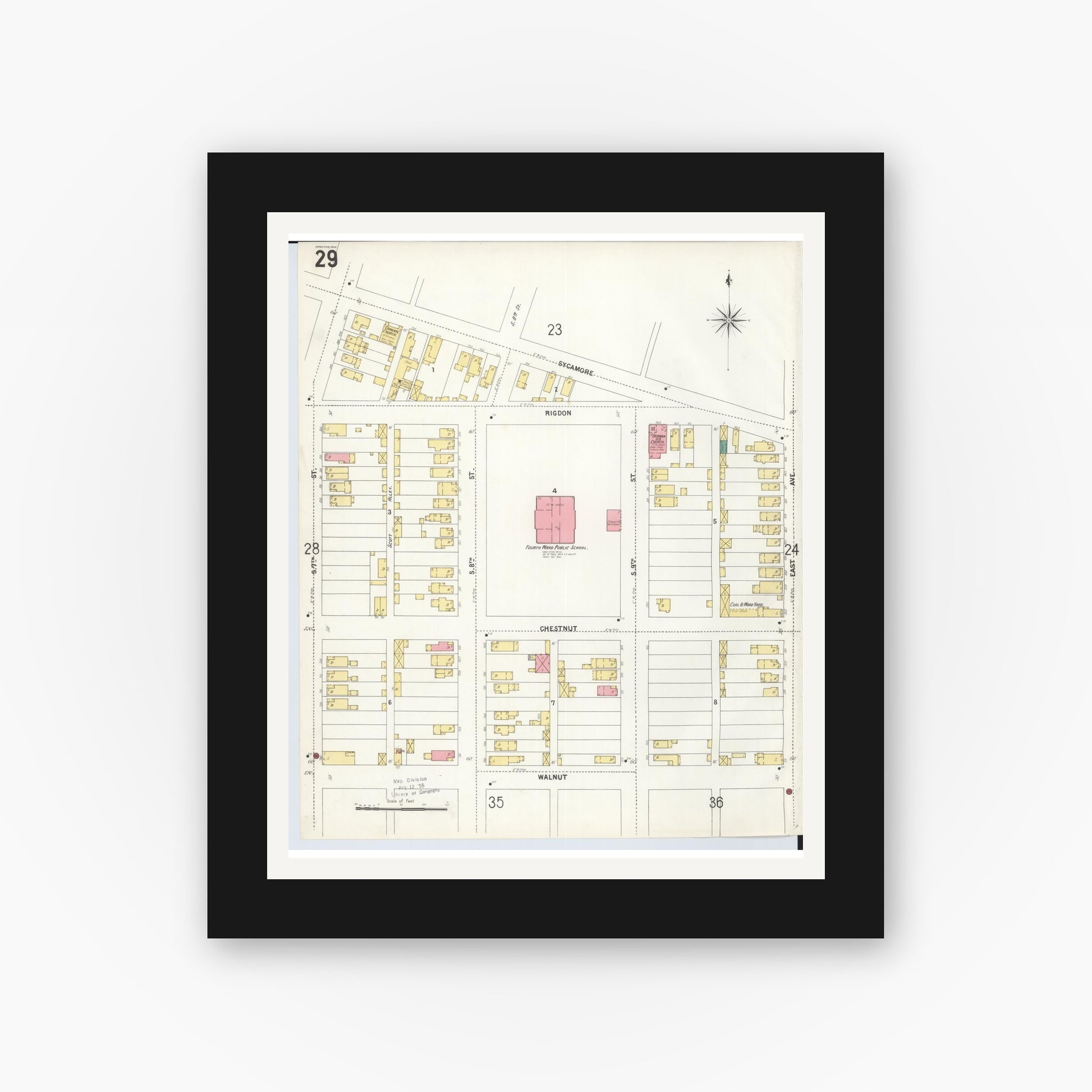 Old map wall art mockup — black gallery frame with white mat — Sanborn Fire Insurance Map from Hamilton, Butler County, Ohio (1899), Sheet #0029