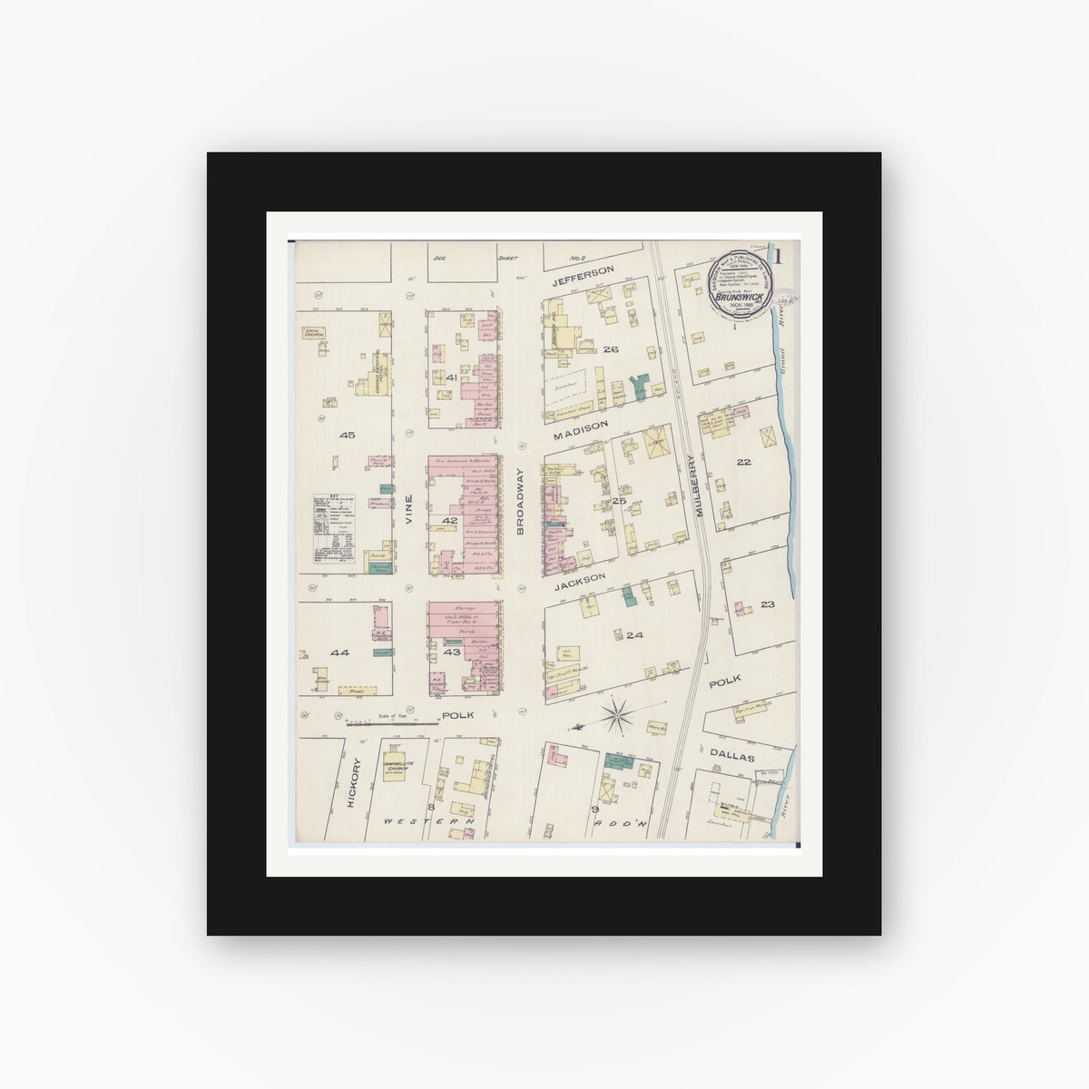 Old map wall art mockup — black gallery frame with white mat — Sanborn Fire Insurance Map from Brunswick, Chariton County, Missouri (1885) - Complete Map Set