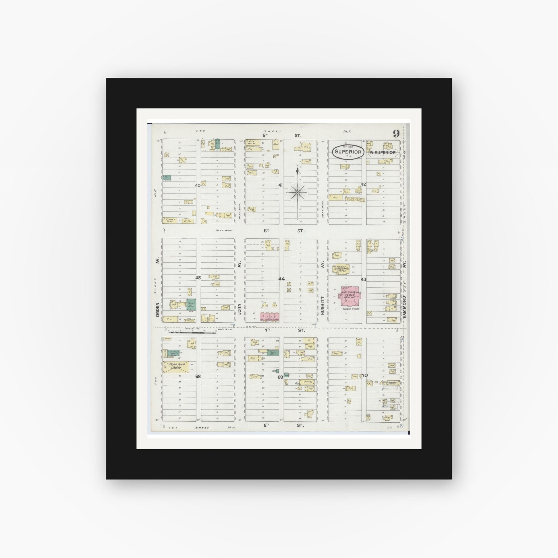 Old map wall art mockup — black gallery frame with white mat — Sanborn Fire Insurance Map from Superior, Douglas County, Wisconsin (1889), Sheet #0009