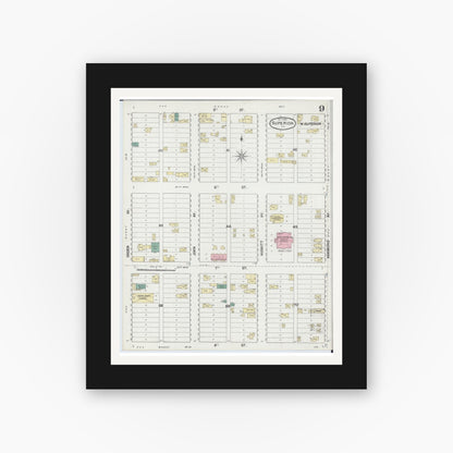 Old map wall art mockup — black gallery frame with white mat — Sanborn Fire Insurance Map from Superior, Douglas County, Wisconsin (1889), Sheet #0009