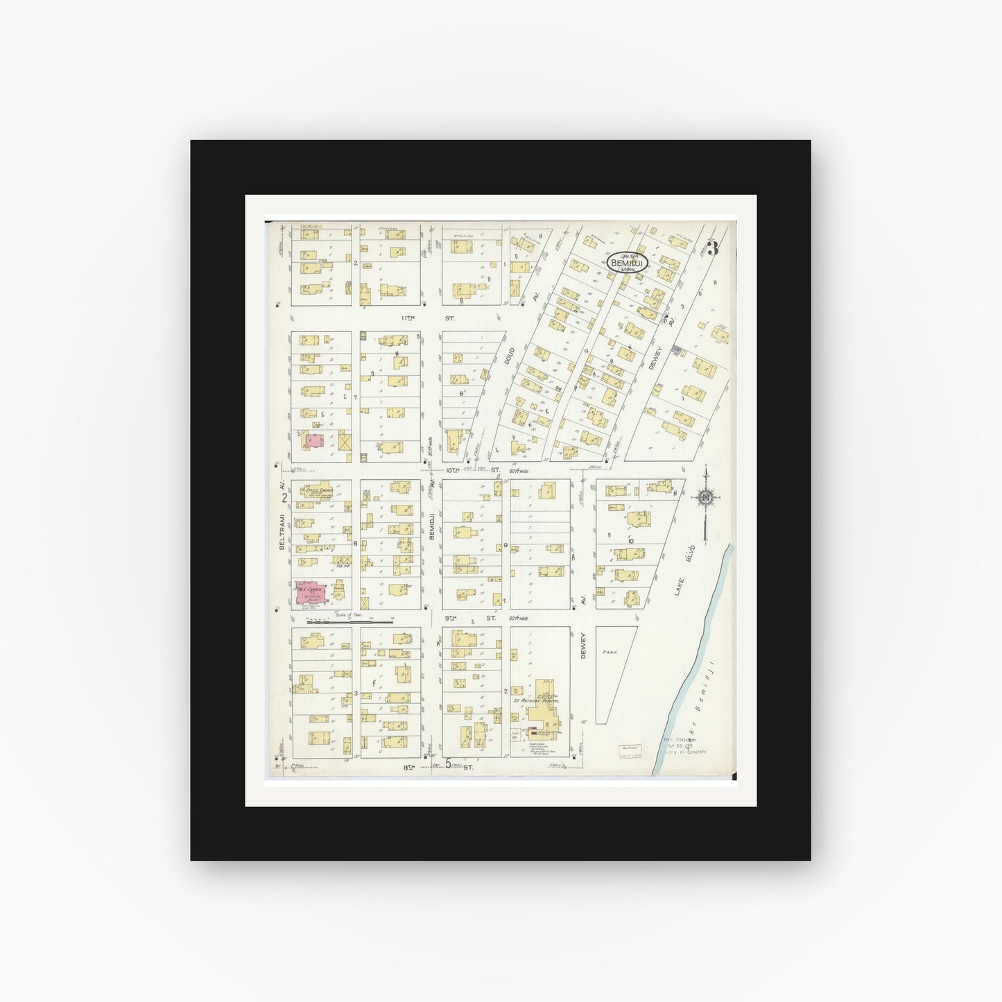 Old map wall art mockup — black gallery frame with white mat — Sanborn Fire Insurance Map from Bemidji, Beltrami County, Minnesota (1914), Sheet #0003