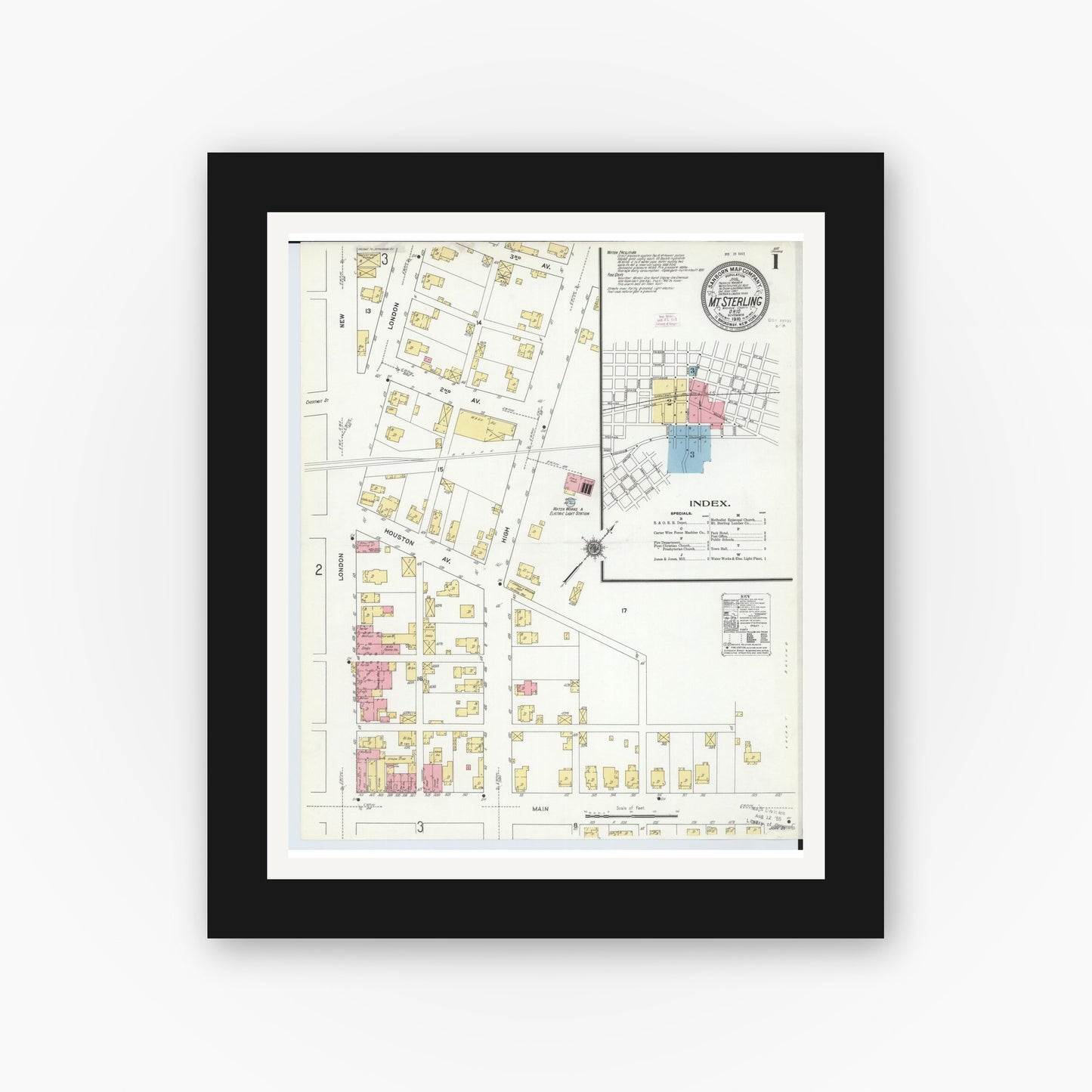 Old map wall art mockup — black gallery frame with white mat — Sanborn Fire Insurance Map from Mount Sterling, Madison County, Ohio (1910) - Complete Map Set