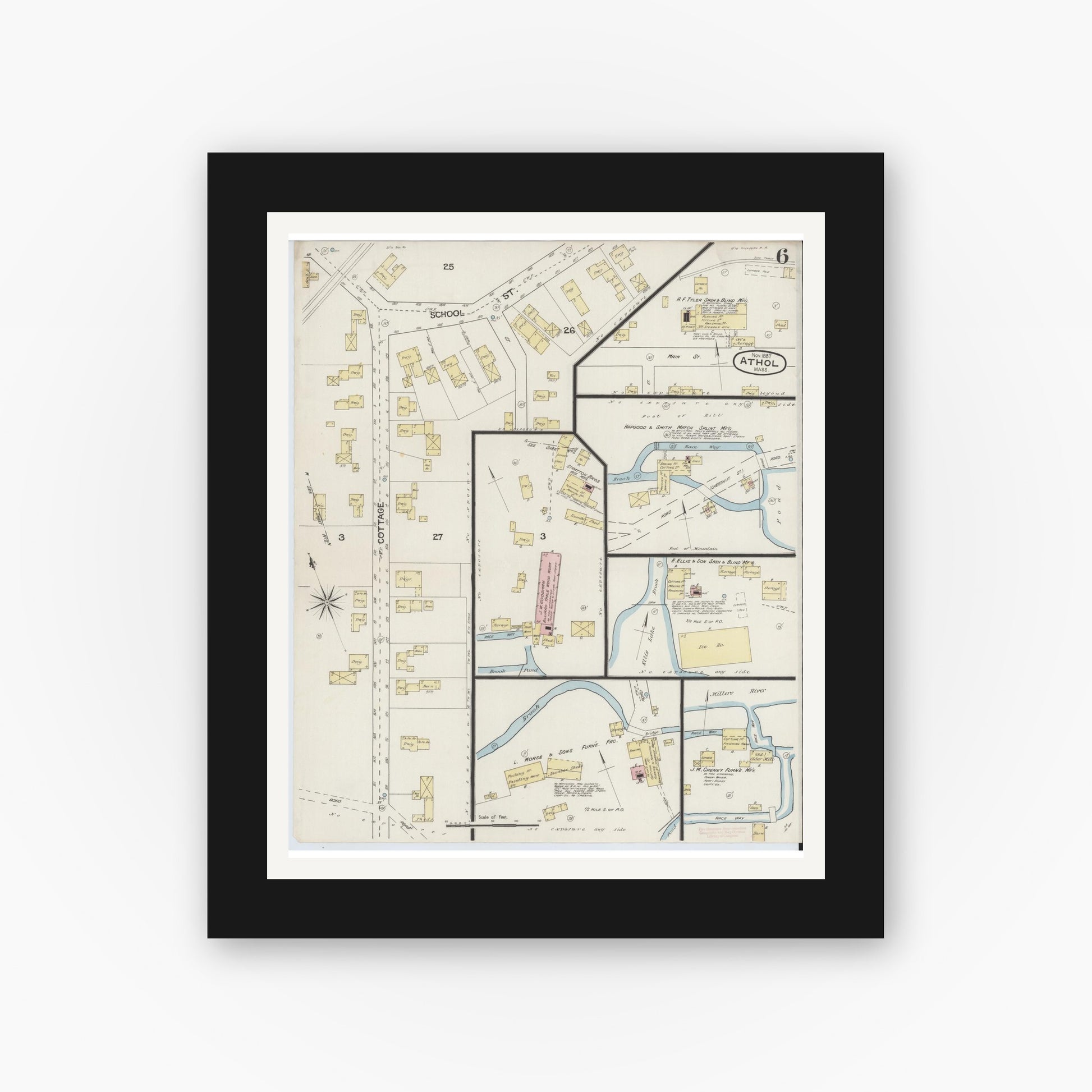 Old map wall art mockup — black gallery frame with white mat — Sanborn Fire Insurance Map from Athol, Worcester County, Massachusetts (1887), Sheet #0006
