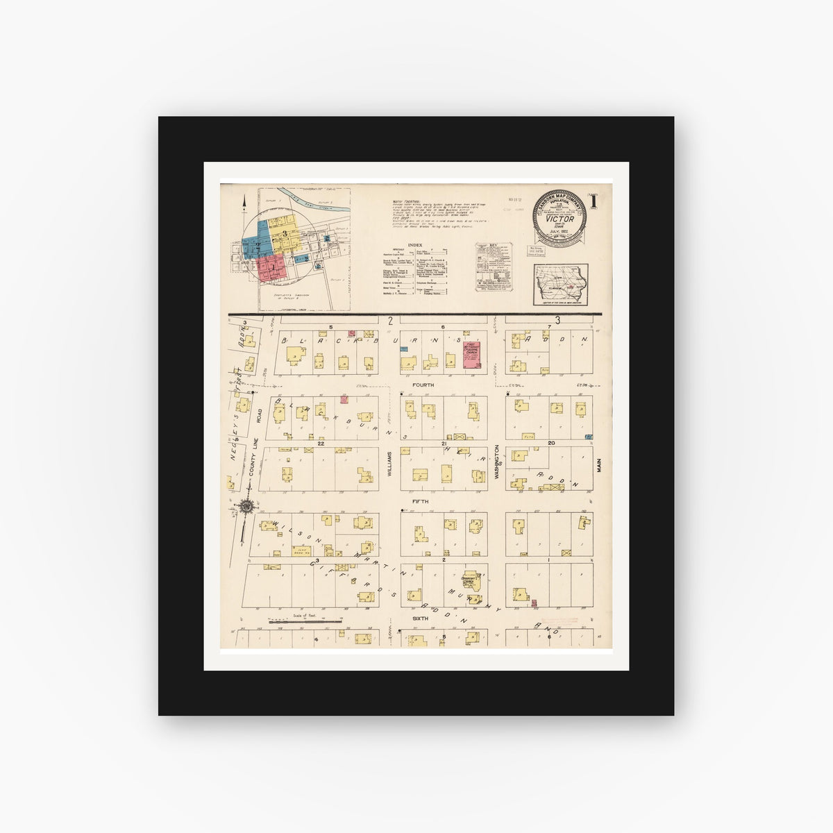 Old map wall art mockup — black gallery frame with white mat — Sanborn Fire Insurance Map from Victor, Iowa County, Iowa (1922) â€” Complete Set