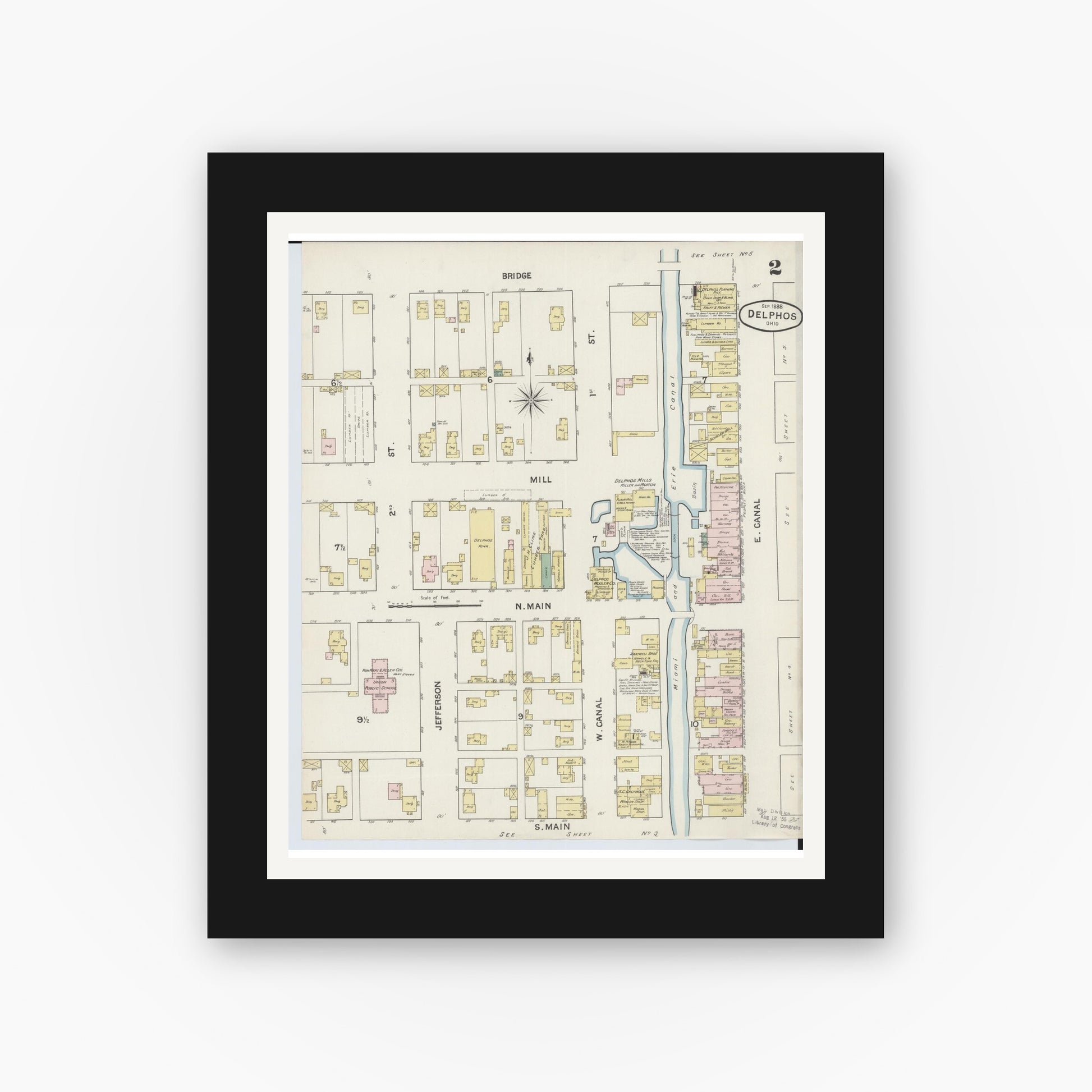 Old map wall art mockup — black gallery frame with white mat — Sanborn Fire Insurance Map from Delphos, Van Wert And Allen Counties, Ohio (1888), Sheet #0002