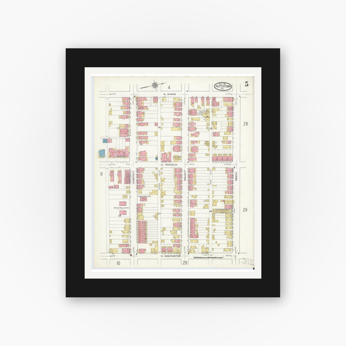 Old map wall art mockup — black gallery frame with white mat — Sanborn Fire Insurance Map from Pottstown, Montgomery County, Pennsylvania (1916), Sheet #0005