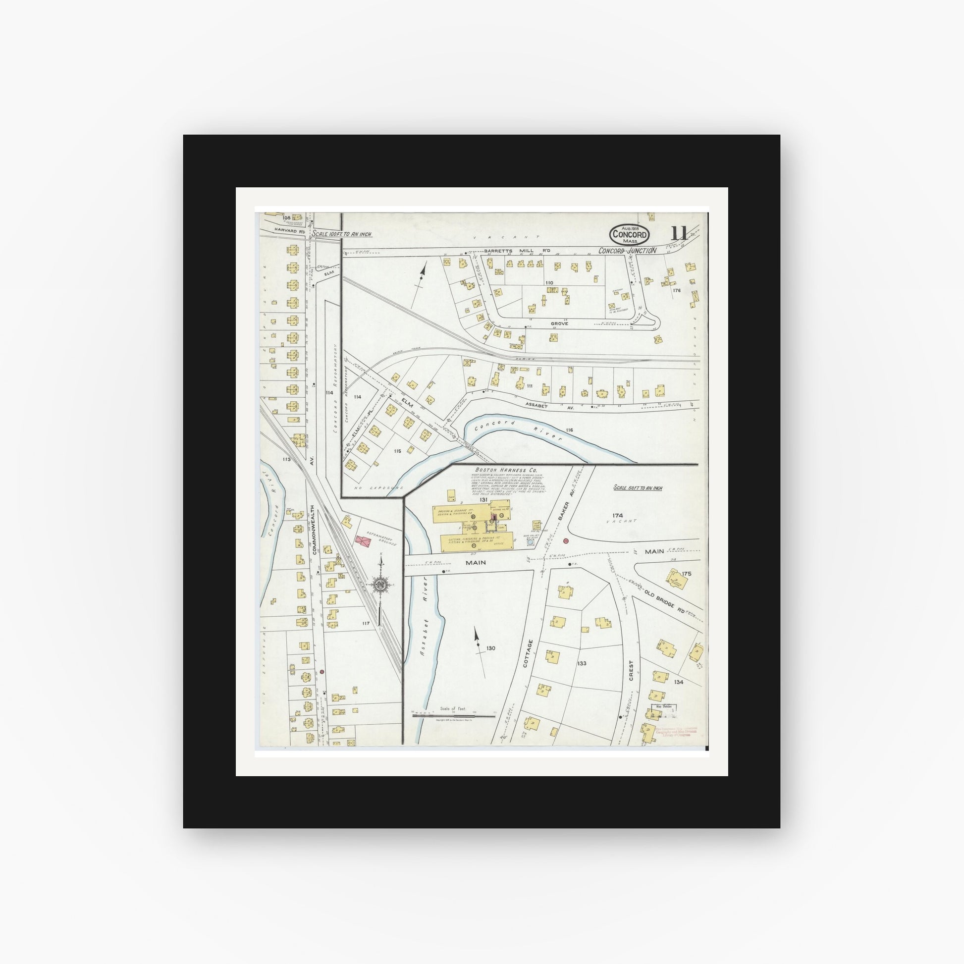 Old map wall art mockup — black gallery frame with white mat — Sanborn Fire Insurance Map from Concord, Middlesex County, Massachusetts (1918), Sheet #0011