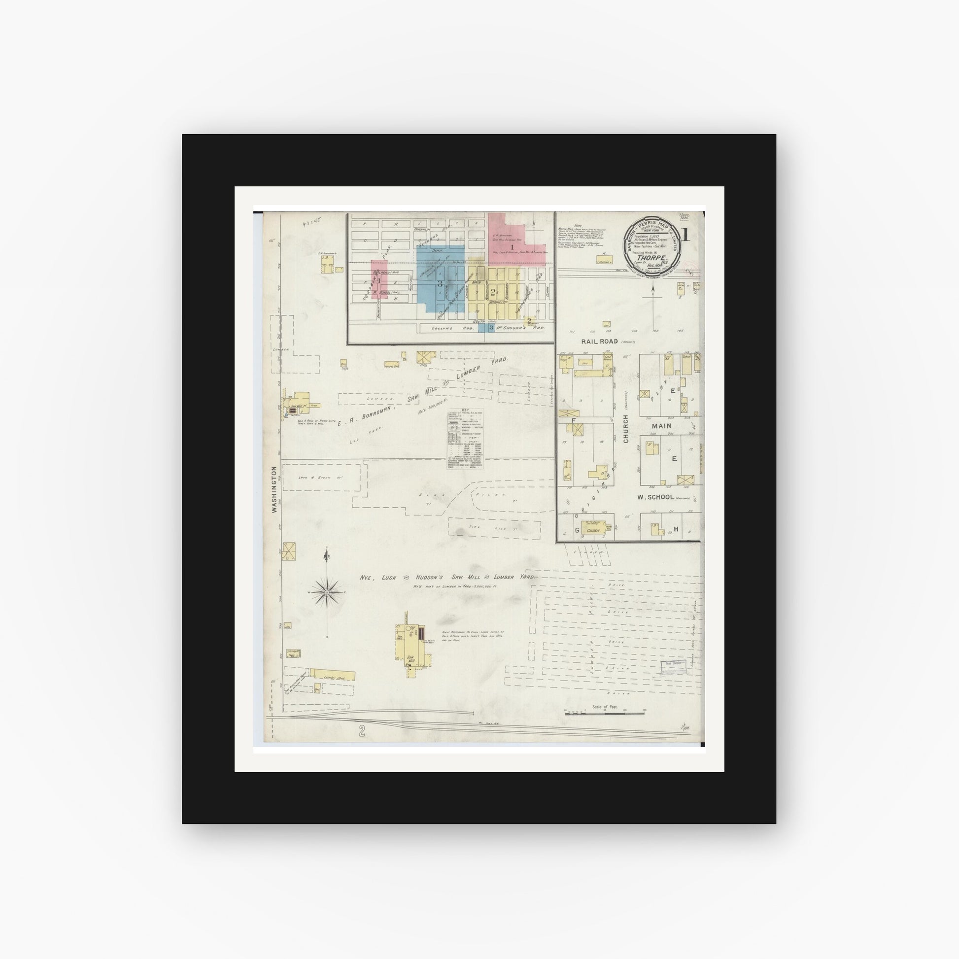 Old map wall art mockup — black gallery frame with white mat — Sanborn Fire Insurance Map from Thorpe, Clark County, Wisconsin (1894) - Complete Map Set