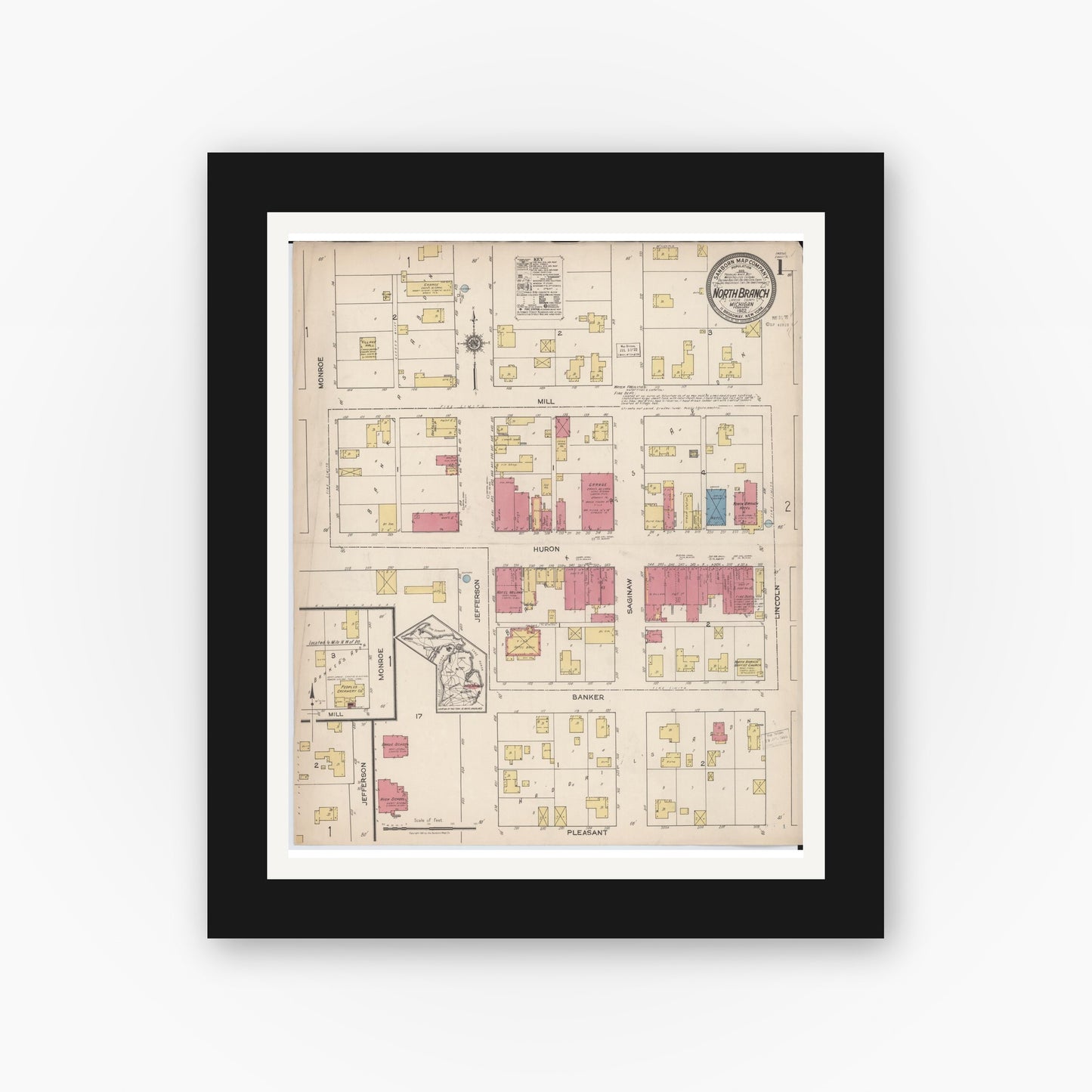 Old map wall art mockup — black gallery frame with white mat — Sanborn Fire Insurance Map from North Branch, Lapeer County, Michigan (1922) - Complete Map Set