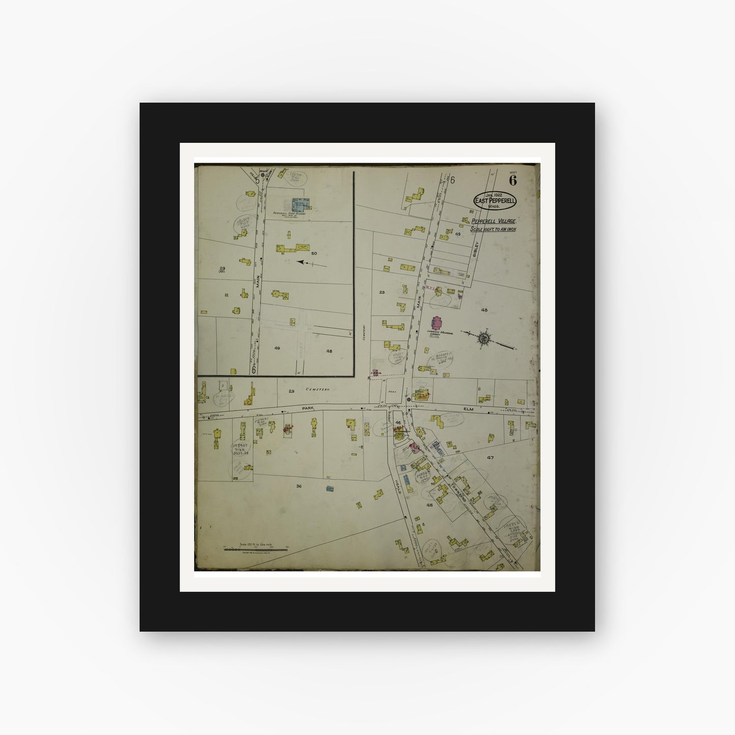 Old map wall art mockup — black gallery frame with white mat — Sanborn Fire Insurance Map from East Pepperell, Middlesex County, Massachusetts (1953), Sheet #0006