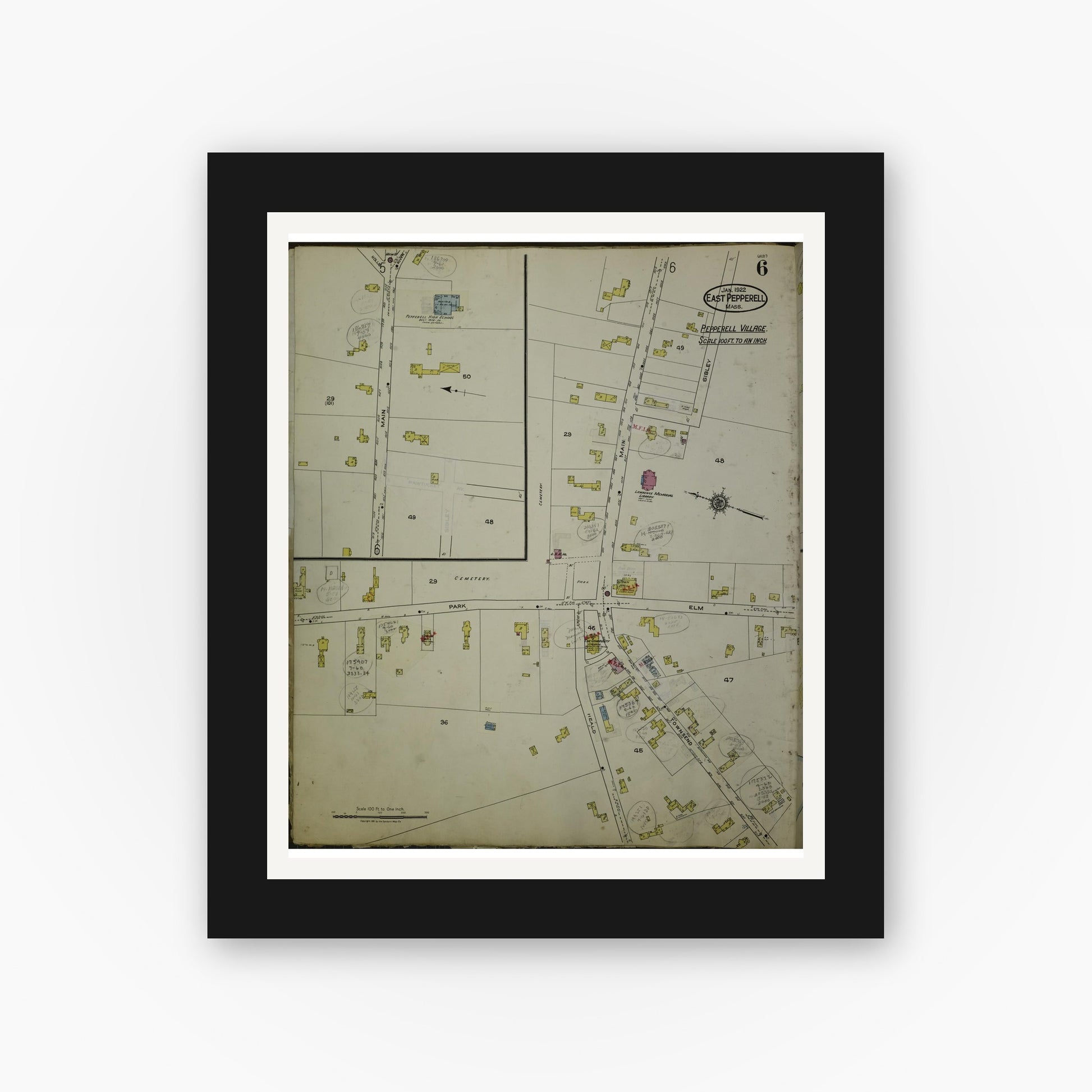 Old map wall art mockup — black gallery frame with white mat — Sanborn Fire Insurance Map from East Pepperell, Middlesex County, Massachusetts (1953), Sheet #0006