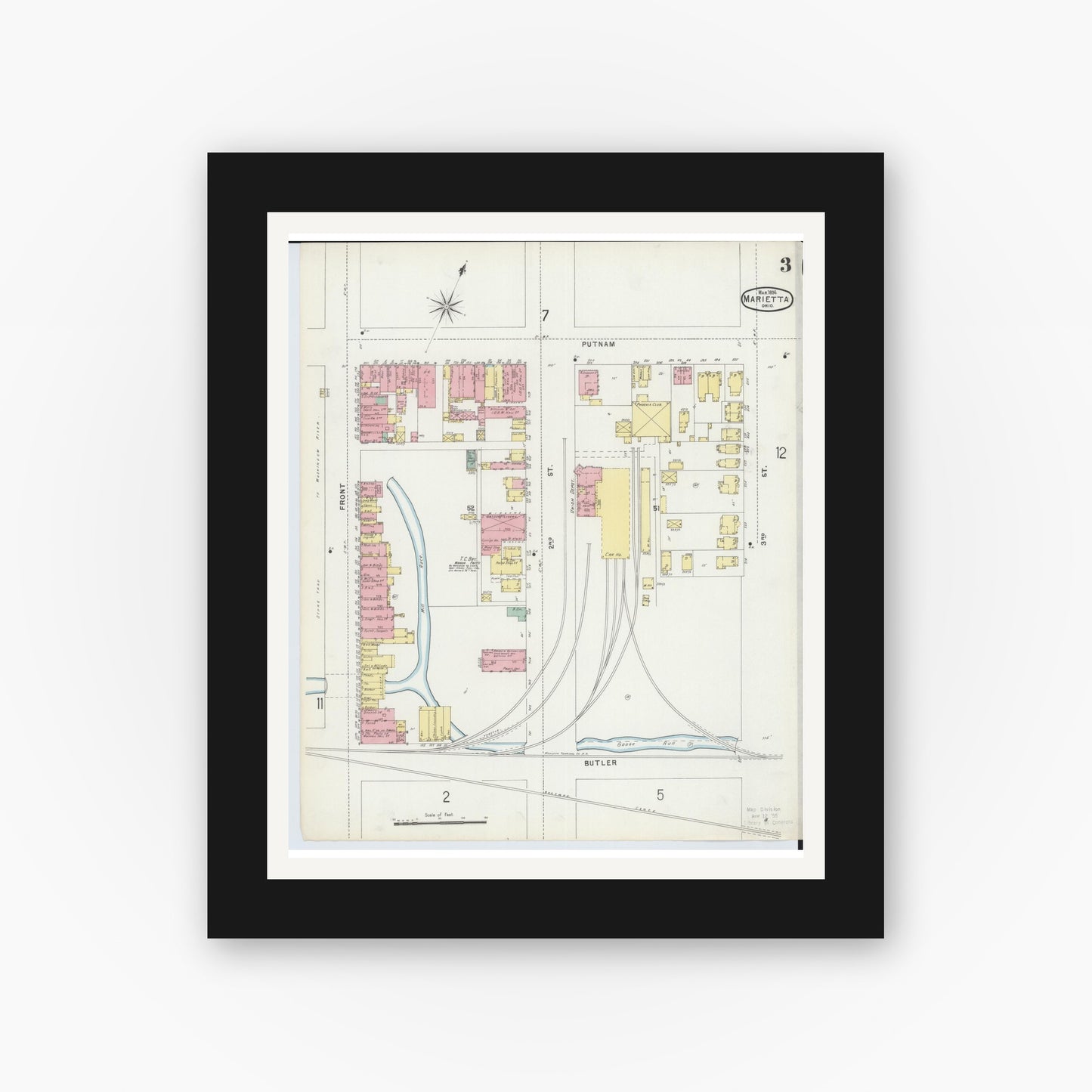 Old map wall art mockup — black gallery frame with white mat — Sanborn Fire Insurance Map from Marietta, Washington County, Ohio (1896), Sheet #0003