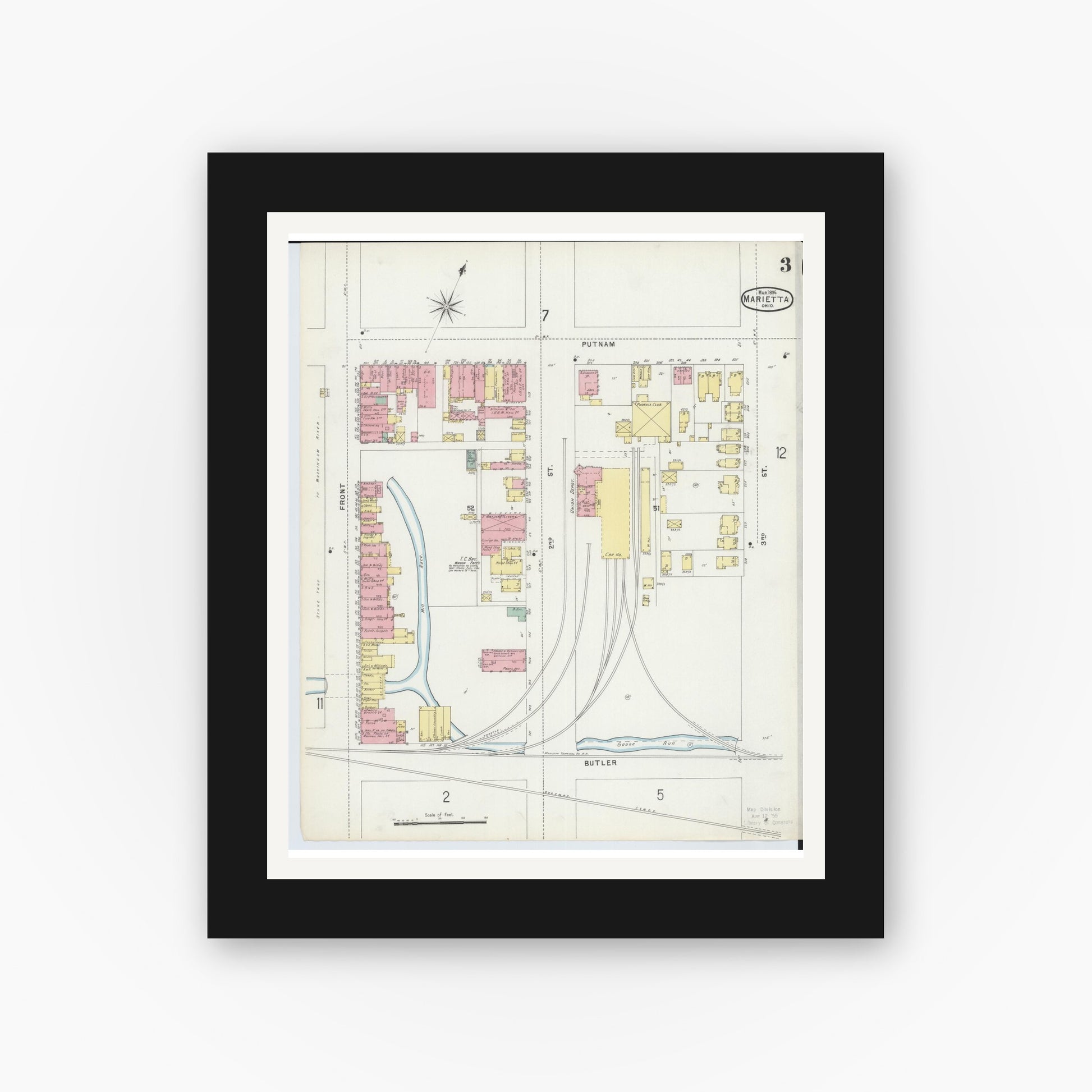 Old map wall art mockup — black gallery frame with white mat — Sanborn Fire Insurance Map from Marietta, Washington County, Ohio (1896), Sheet #0003