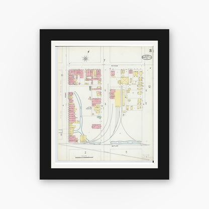 Old map wall art mockup — black gallery frame with white mat — Sanborn Fire Insurance Map from Marietta, Washington County, Ohio (1896), Sheet #0003