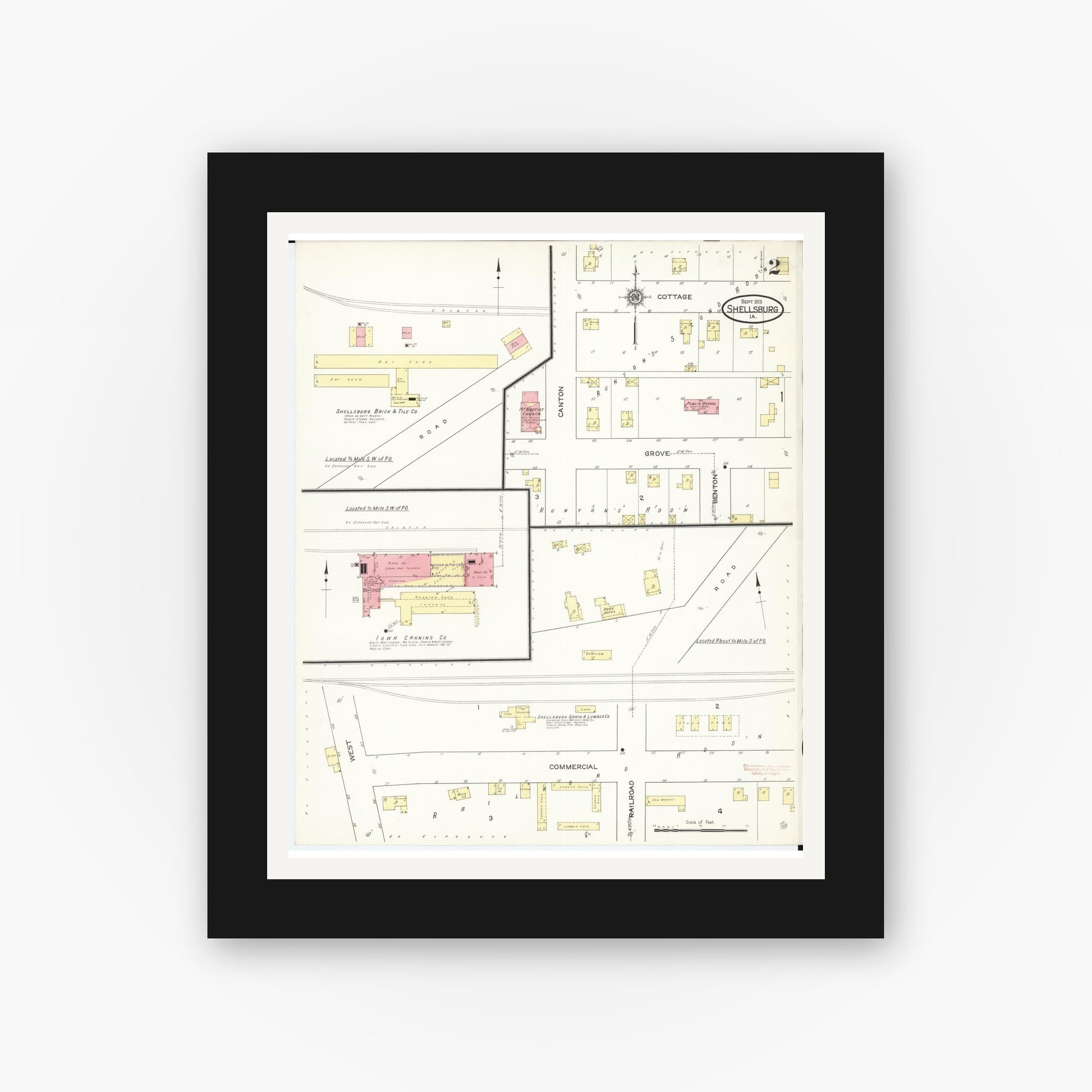 Old map wall art mockup — black gallery frame with white mat — Sanborn Fire Insurance Map from Shellsburg, Benton County, Iowa (1913), Sheet #0002