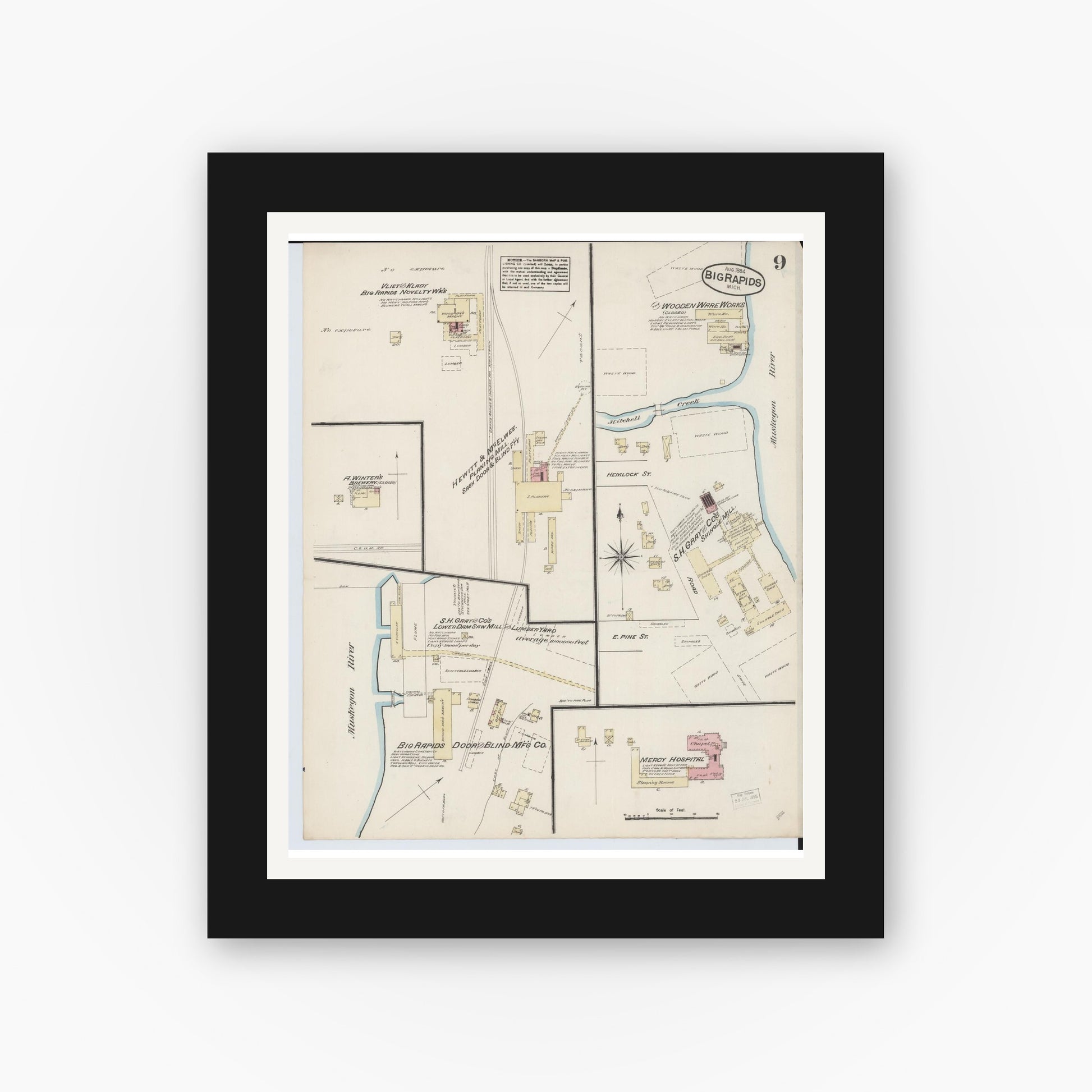 Old map wall art mockup — black gallery frame with white mat — Sanborn Fire Insurance Map from Big Rapids, Mecosta County, Michigan (1884), Sheet #0009
