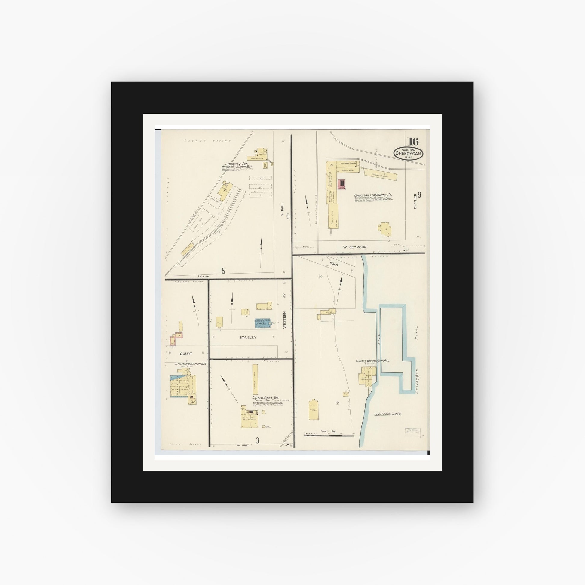 Old map wall art mockup — black gallery frame with white mat — Sanborn Fire Insurance Map from Cheboygan, Cheboygan County, Michigan (1907), Sheet #0016