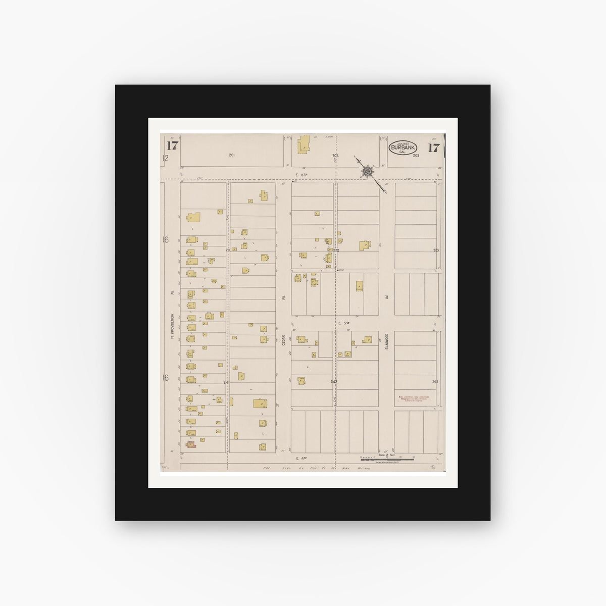 Old map wall art mockup — black gallery frame with white mat — Sanborn Fire Insurance Map from Burbank, Los Angeles County, California (1923), Sheet #0017
