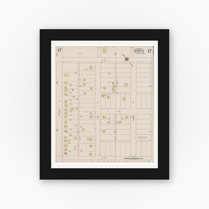 Old map wall art mockup — black gallery frame with white mat — Sanborn Fire Insurance Map from Burbank, Los Angeles County, California (1923), Sheet #0017