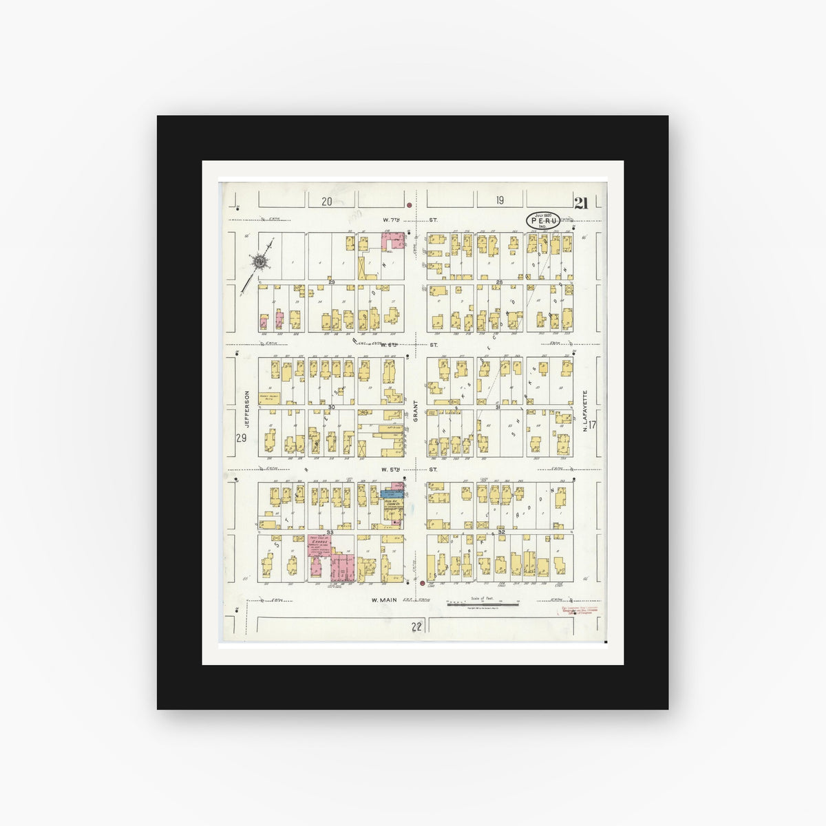 Old map wall art mockup — black gallery frame with white mat — Sanborn Fire Insurance Map from Peru, Miami County, Indiana (1920), Sheet #0021