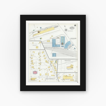 Old map wall art mockup — black gallery frame with white mat — Sanborn Fire Insurance Map from Bedford, Lawrence County, Indiana (1904), Sheet #0014