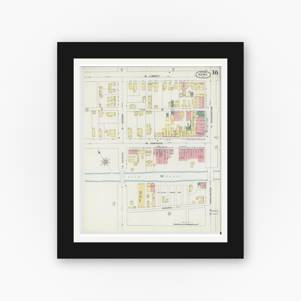 Old map wall art mockup — black gallery frame with white mat — Sanborn Fire Insurance Map from Rome, Oneida County, New York (1894), Sheet #0016