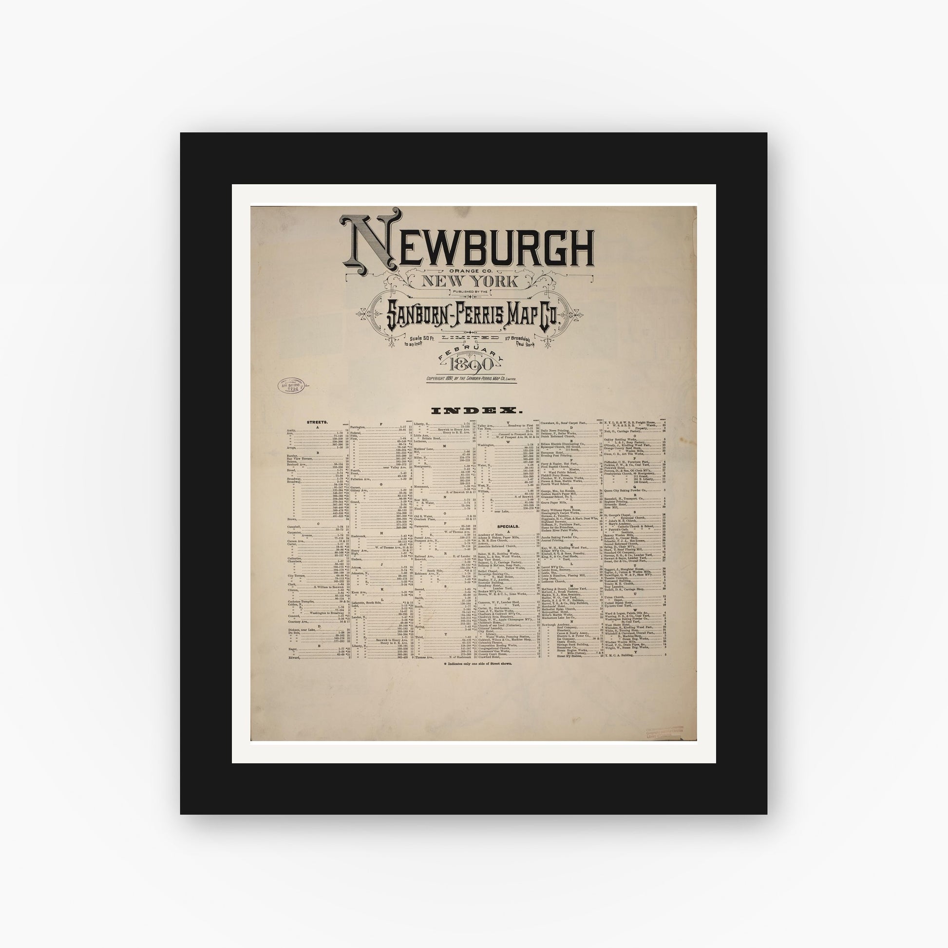 Old map wall art mockup — black gallery frame with white mat — Sanborn Fire Insurance Map from Newburgh, Orange County, New York (1890), Sheet #0001