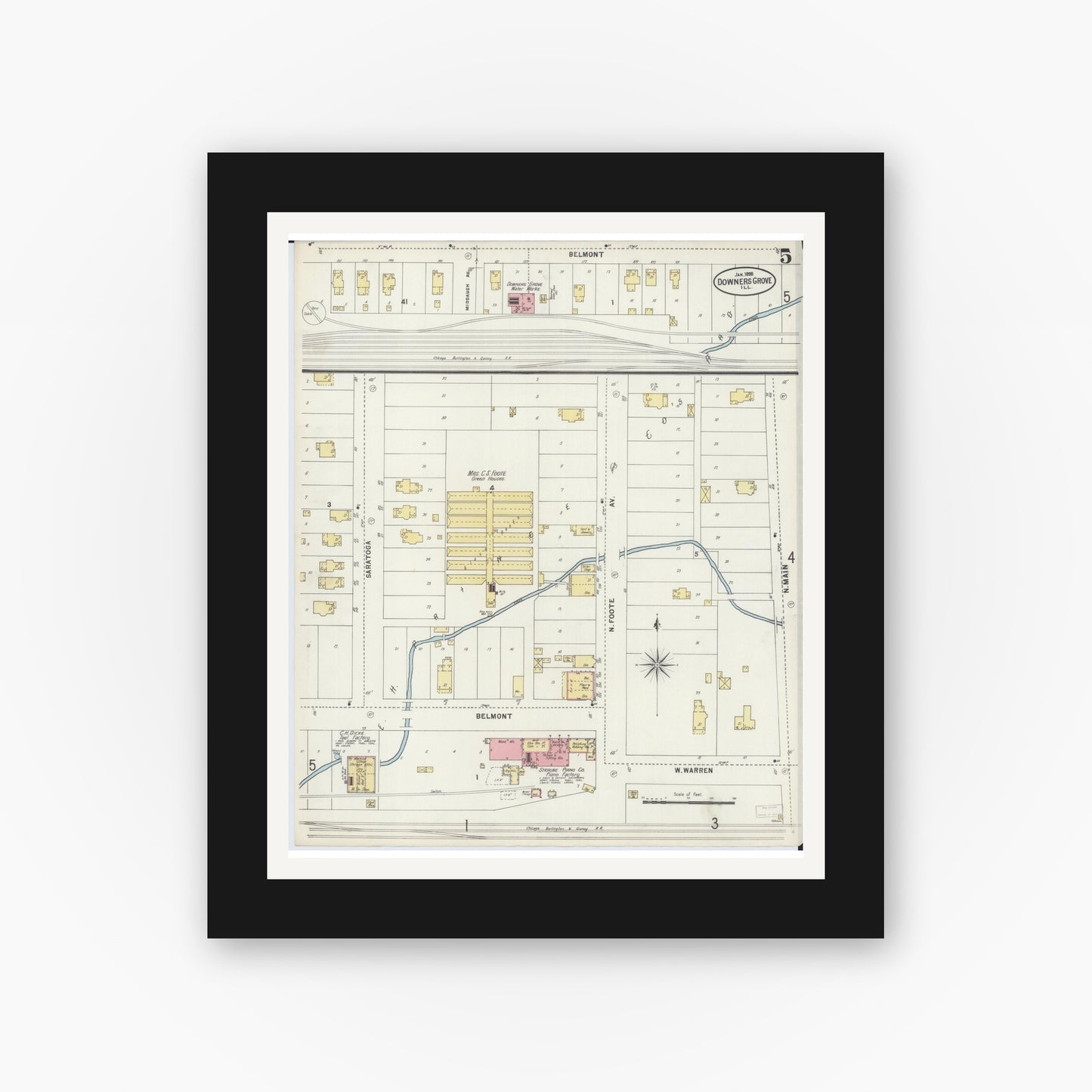 Old map wall art mockup — black gallery frame with white mat — Sanborn Fire Insurance Map from Downers Grove, Dupage County, Illinois (1898), Sheet #0005