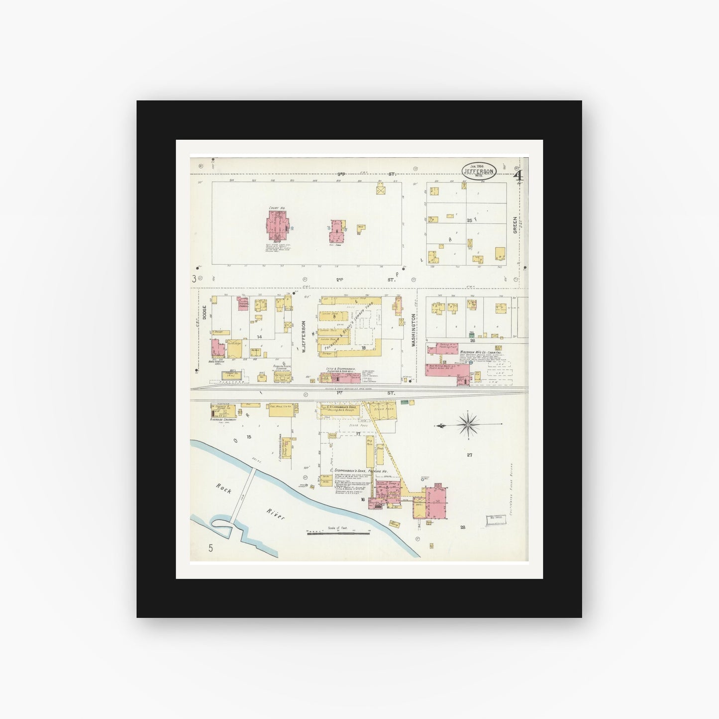 Old map wall art mockup — black gallery frame with white mat — Sanborn Fire Insurance Map from Jefferson, Jefferson County, Wisconsin (1904), Sheet #0004