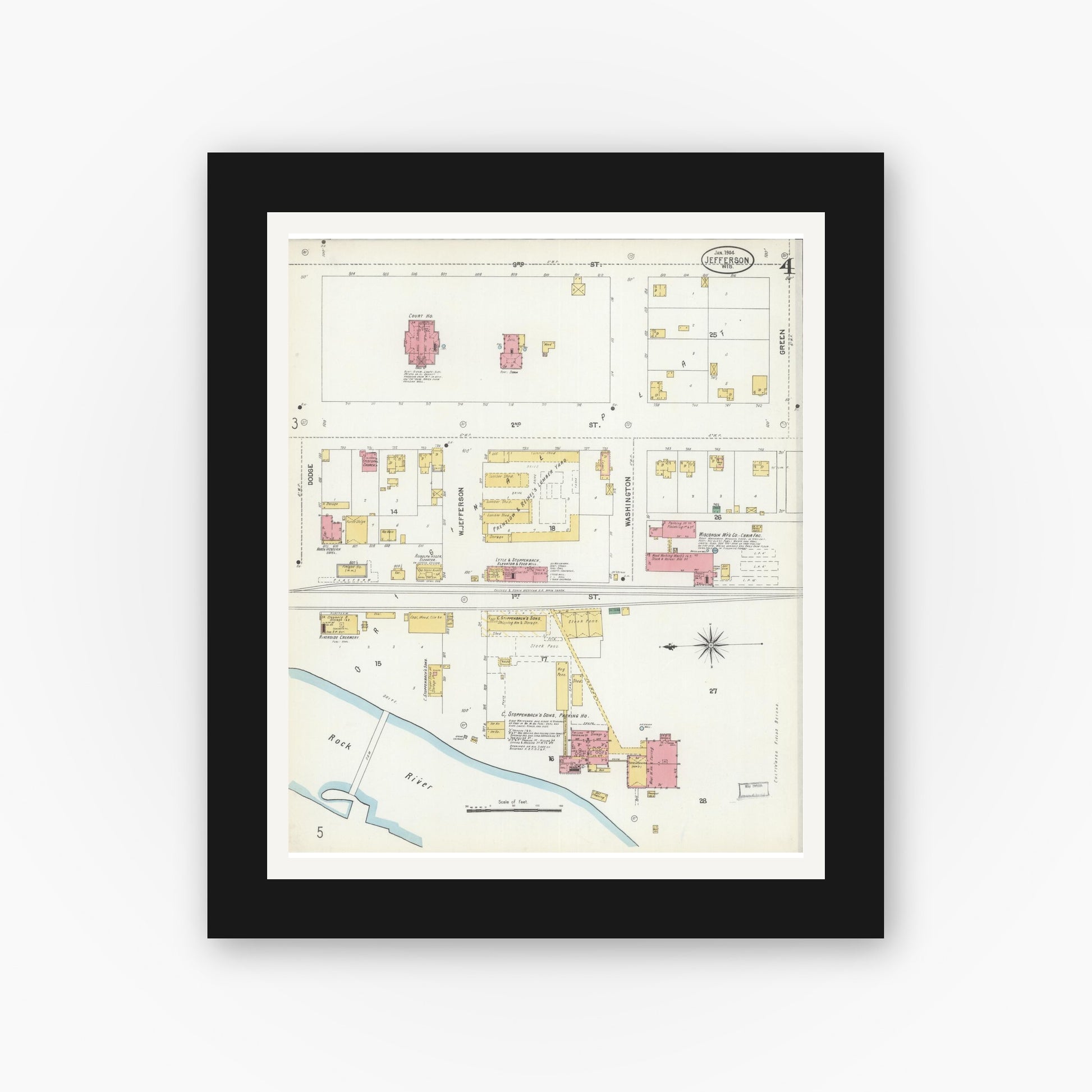 Old map wall art mockup — black gallery frame with white mat — Sanborn Fire Insurance Map from Jefferson, Jefferson County, Wisconsin (1904), Sheet #0004