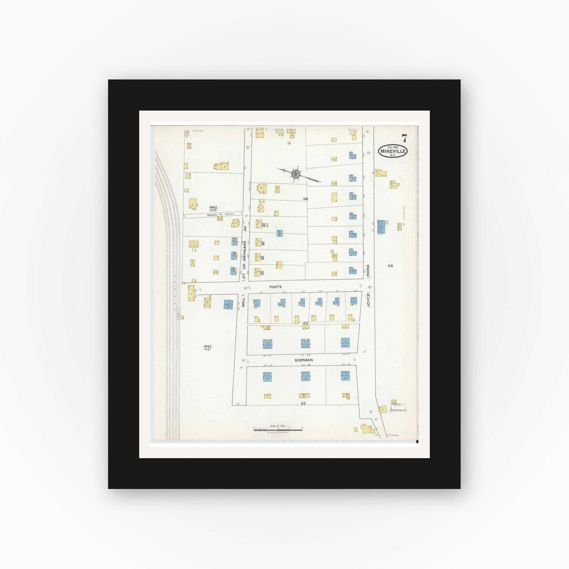 Old map wall art mockup — black gallery frame with white mat — Sanborn Fire Insurance Map from Mineville, Essex County, New York (1916), Sheet #0007