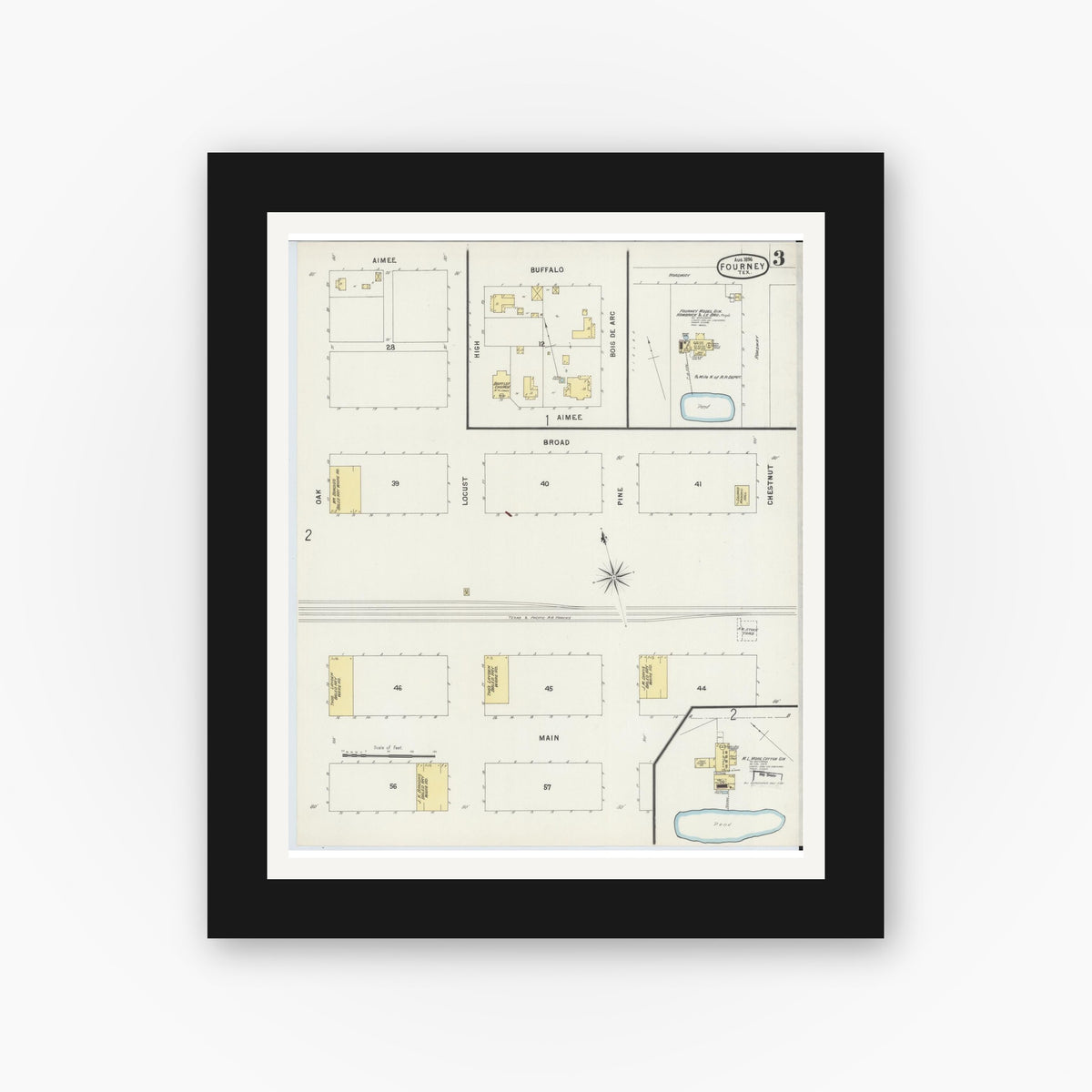 Old map wall art mockup — black gallery frame with white mat — Sanborn Fire Insurance Map from Forney, Kaufman County, Texas (1896), Sheet #0003