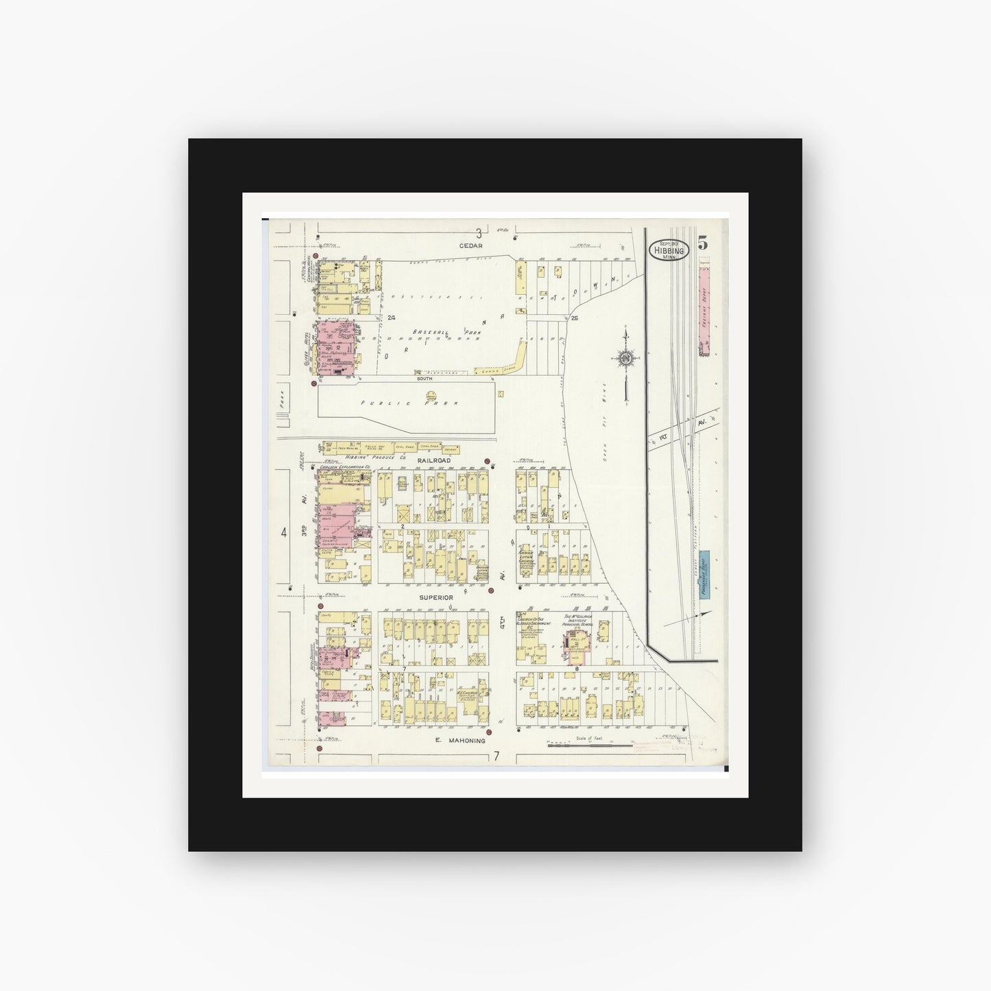 Old map wall art mockup — black gallery frame with white mat — Sanborn Fire Insurance Map from Hibbing, Saint Louis County, Minnesota (1913), Sheet #0005