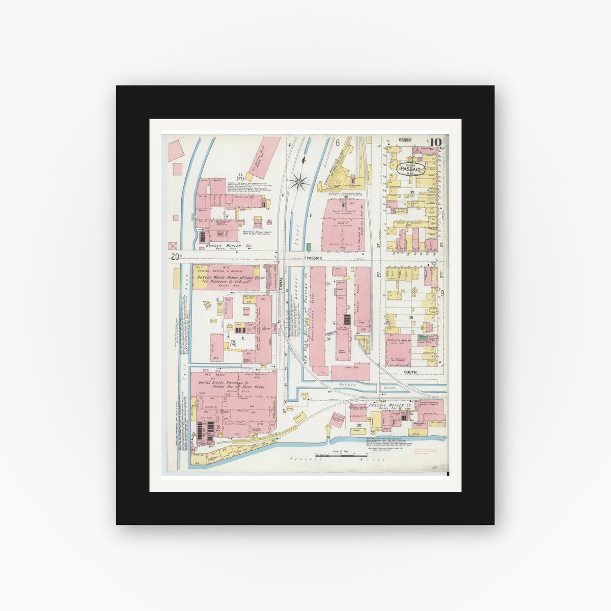 Old map wall art mockup — black gallery frame with white mat — Sanborn Fire Insurance Map from Passaic, Passaic County, New Jersey (1903), Sheet #0010