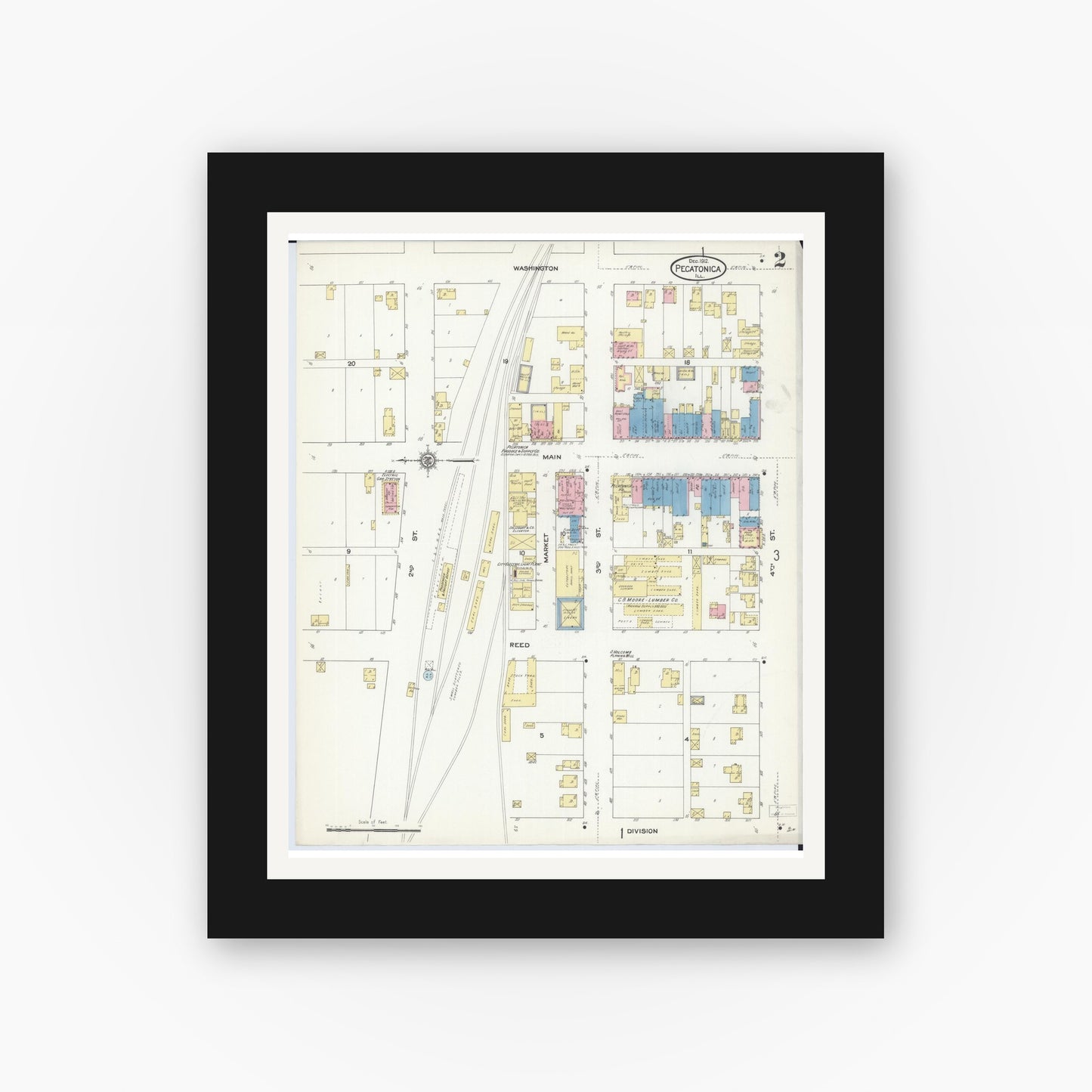 Old map wall art mockup — black gallery frame with white mat — Sanborn Fire Insurance Map from Pecatonica, Winnebago County, Illinois (1912), Sheet #0002