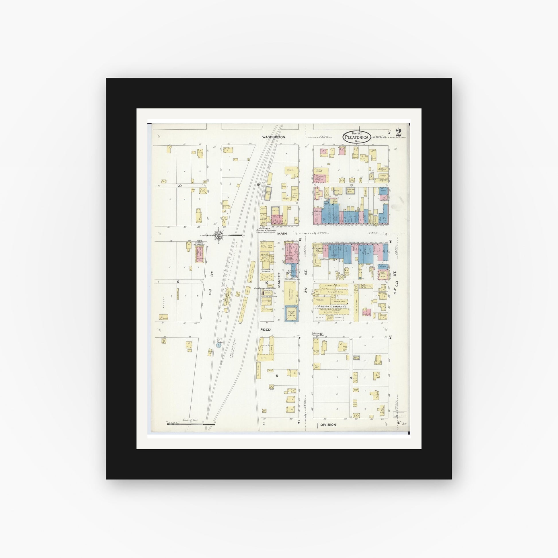 Old map wall art mockup — black gallery frame with white mat — Sanborn Fire Insurance Map from Pecatonica, Winnebago County, Illinois (1912), Sheet #0002