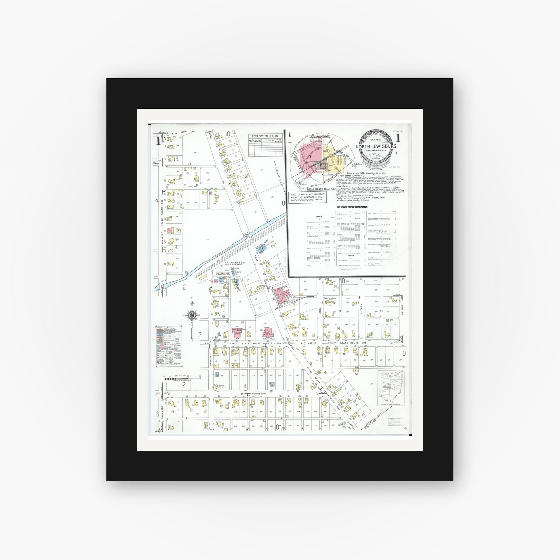 Old map wall art mockup — black gallery frame with white mat — Sanborn Fire Insurance Map from North Lewisburg, Champaign County, Ohio (1950) - Complete Map Set