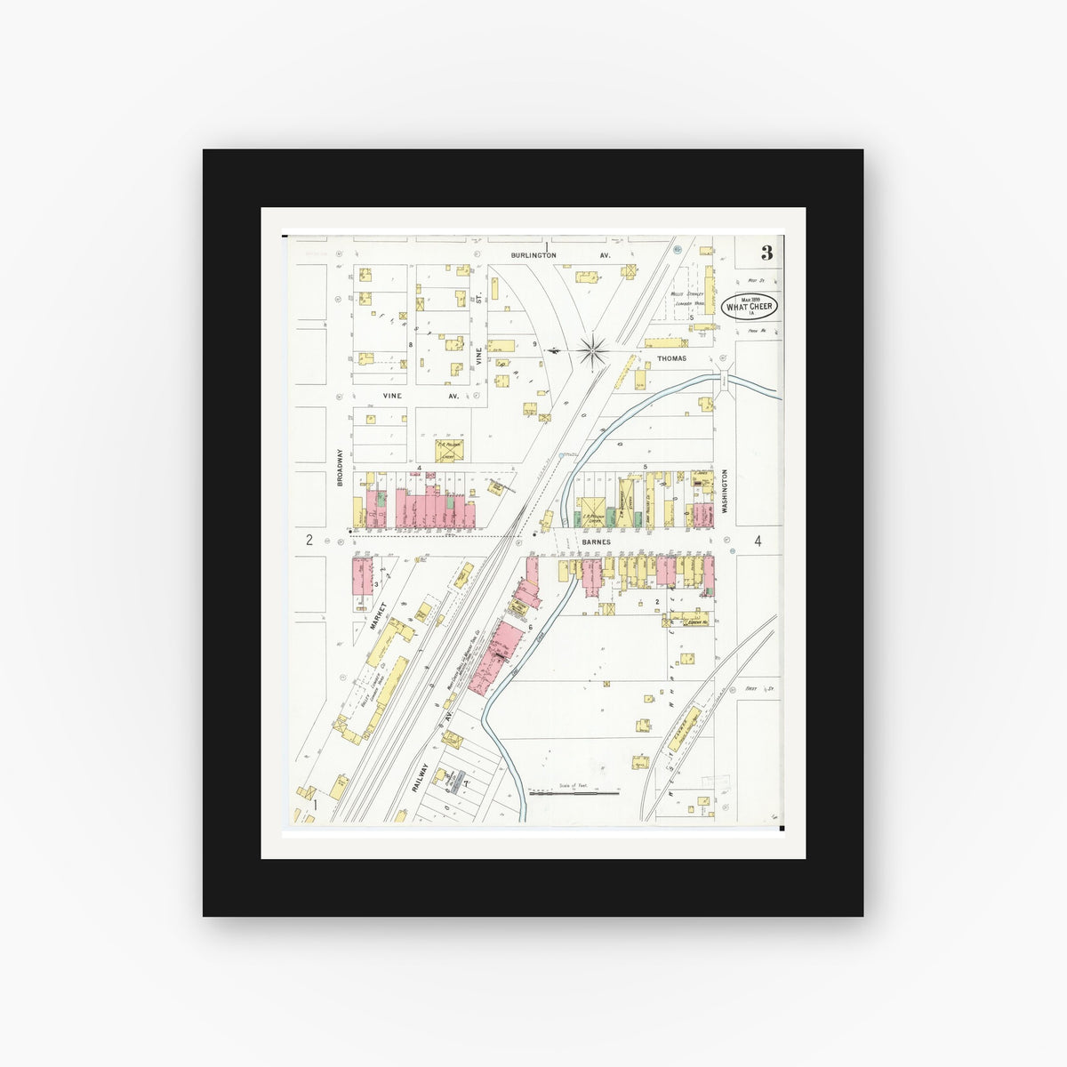 Old map wall art mockup — black gallery frame with white mat — Sanborn Fire Insurance Map from What Cheer, Keokuk County, Iowa (1899), Sheet #0003