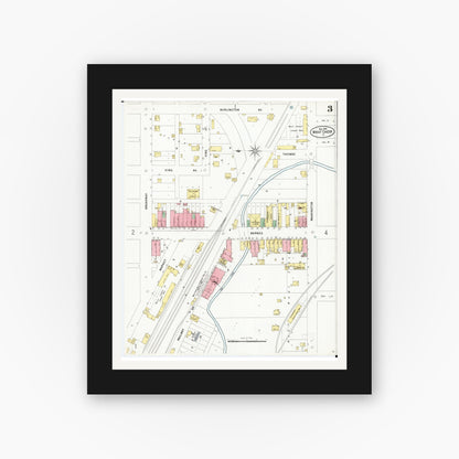 Old map wall art mockup — black gallery frame with white mat — Sanborn Fire Insurance Map from What Cheer, Keokuk County, Iowa (1899), Sheet #0003