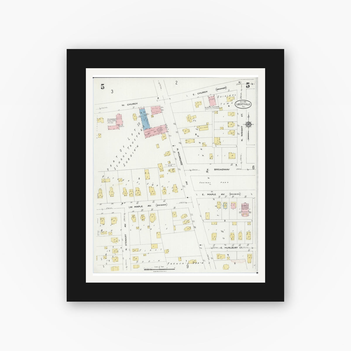 Old map wall art mockup — black gallery frame with white mat — Sanborn Fire Insurance Map from Libertyville, Lake County, Illinois (1924), Sheet #0005