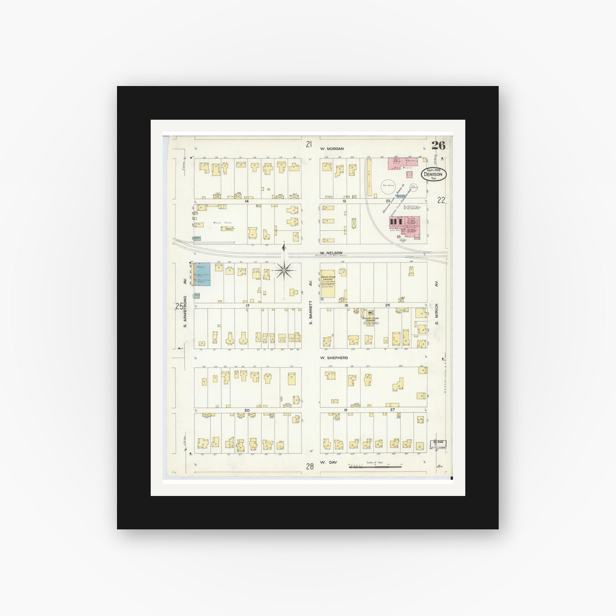 Old map wall art mockup — black gallery frame with white mat — Sanborn Fire Insurance Map from Denison, Grayson County, Texas (1908), Sheet #0026