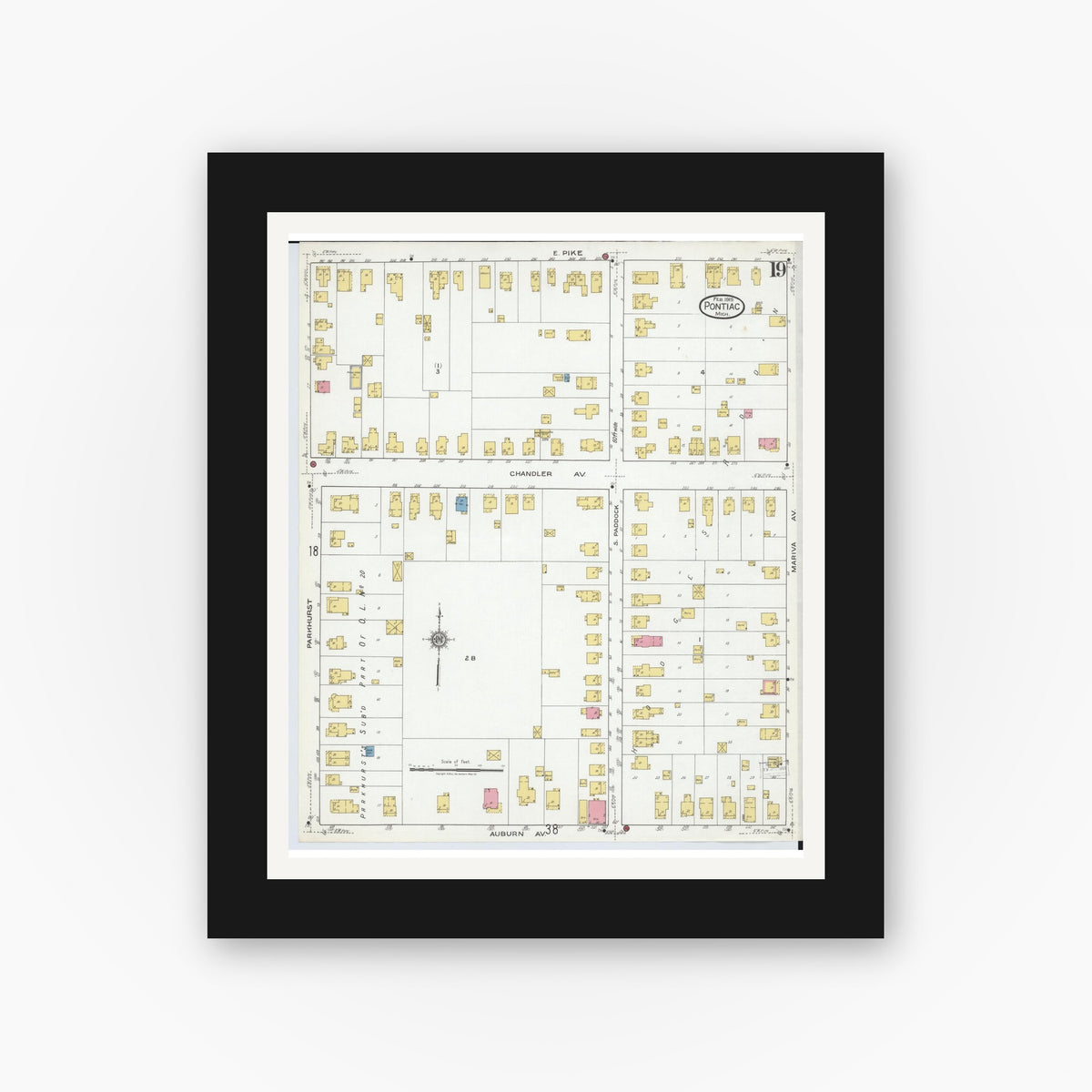 Old map wall art mockup — black gallery frame with white mat — Sanborn Fire Insurance Map from Pontiac, Oakland County, Michigan (1919), Sheet #0019