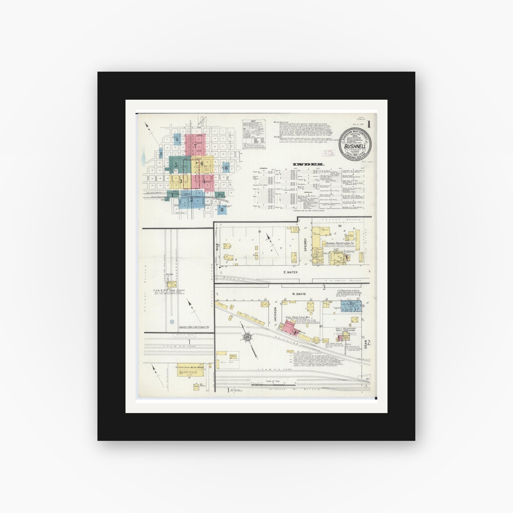 Old map wall art mockup — black gallery frame with white mat — Sanborn Fire Insurance Map from Bushnell, Mcdonough County, Illinois (1912), Sheet #0001