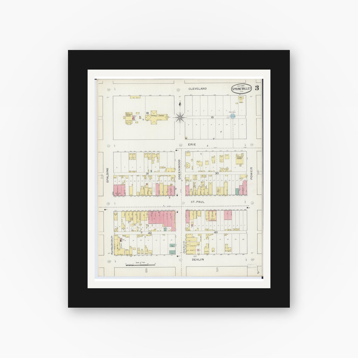Old map wall art mockup — black gallery frame with white mat — Sanborn Fire Insurance Map from Spring Valley, Bureau County, Illinois (1893), Sheet #0003