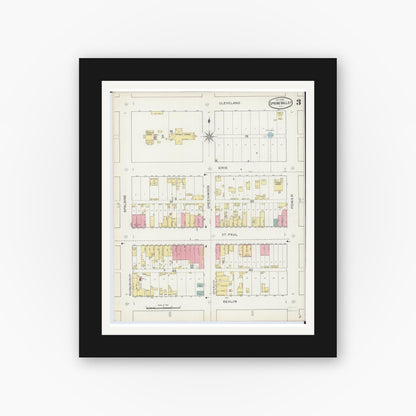 Old map wall art mockup — black gallery frame with white mat — Sanborn Fire Insurance Map from Spring Valley, Bureau County, Illinois (1893), Sheet #0003