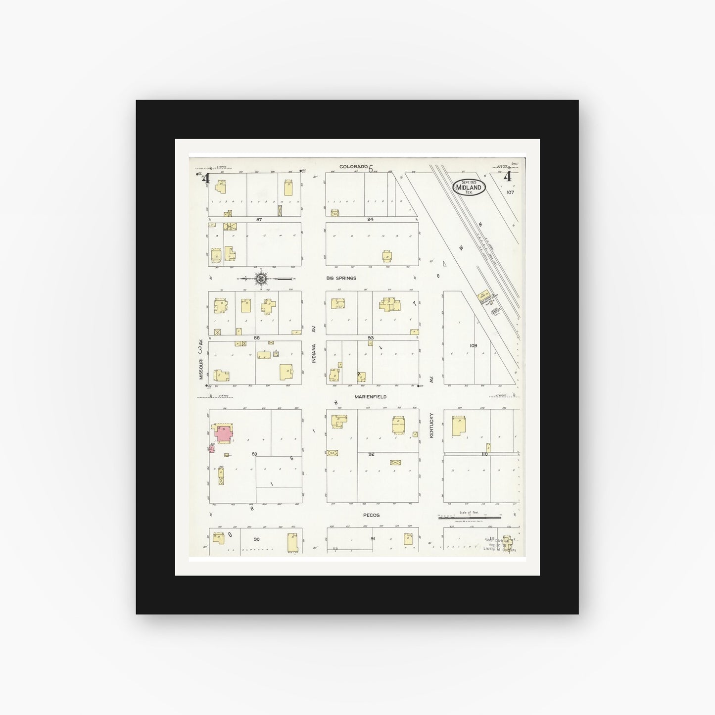 Old map wall art mockup — black gallery frame with white mat — Sanborn Fire Insurance Map from Midland, Midland County, Texas (1925), Sheet #0004